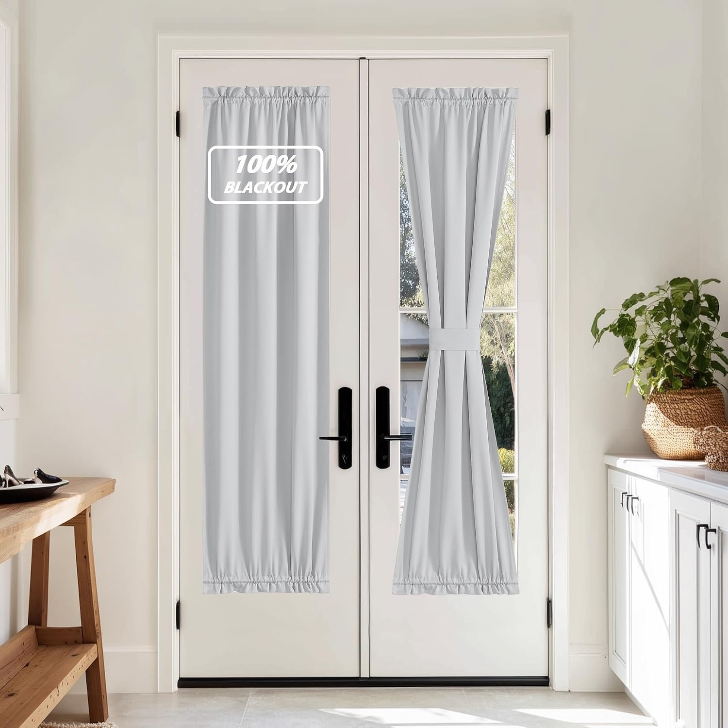 image:imageNICETOWN Stone Blue Blackout Door Curtains with Tieback for French Window100 Blackout Greyish White