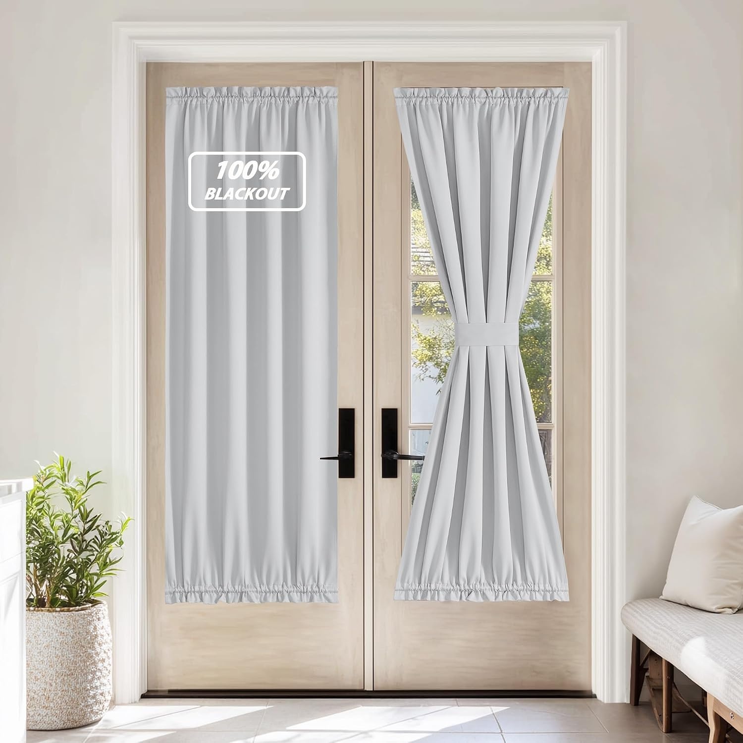 image:imageNICETOWN Stone Blue Blackout Door Curtains with Tieback for French Window100 Blackout Greyish White