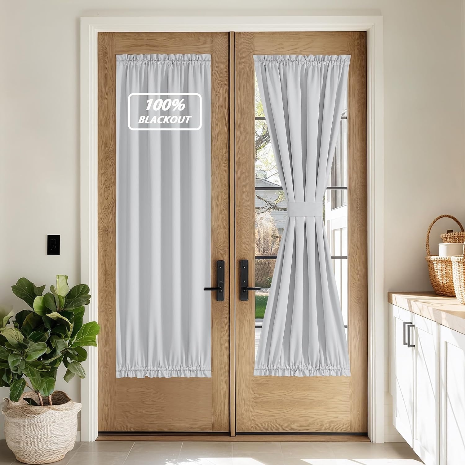 image:imageNICETOWN Stone Blue Blackout Door Curtains with Tieback for French Window100 Blackout Greyish White