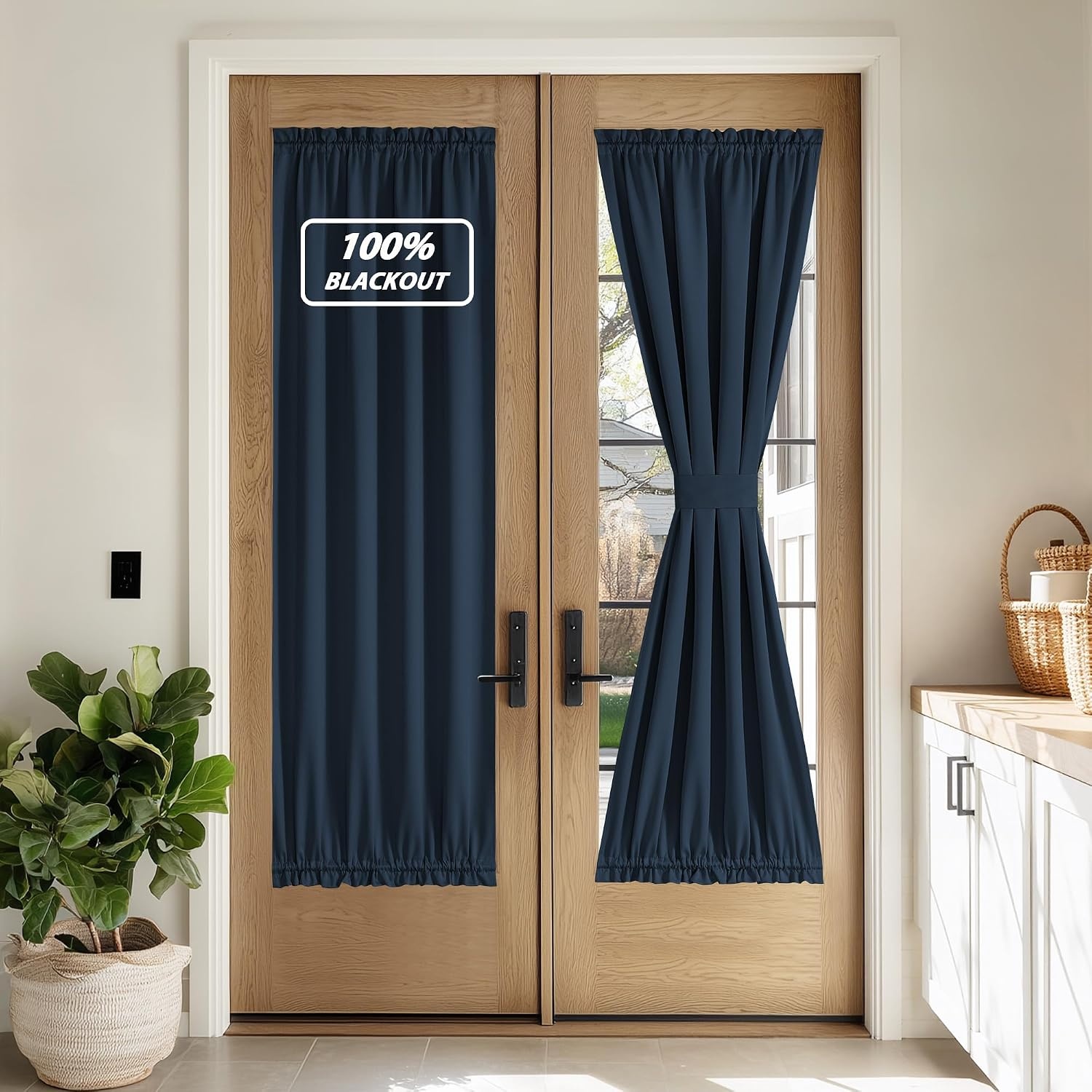image:imageNICETOWN Stone Blue Blackout Door Curtains with Tieback for French Window100 Blackout Navy Blue