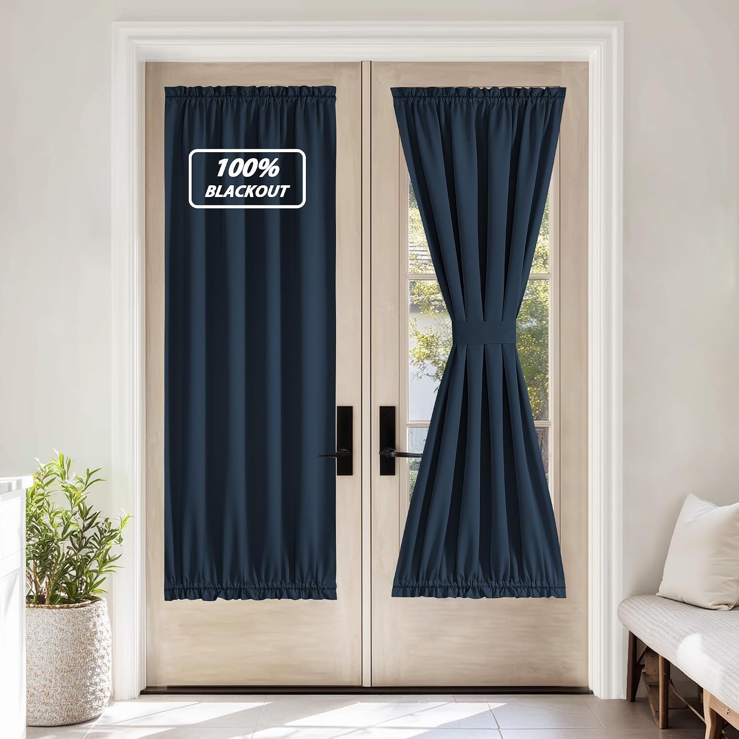 image:imageNICETOWN Stone Blue Blackout Door Curtains with Tieback for French Window100 Blackout Navy Blue