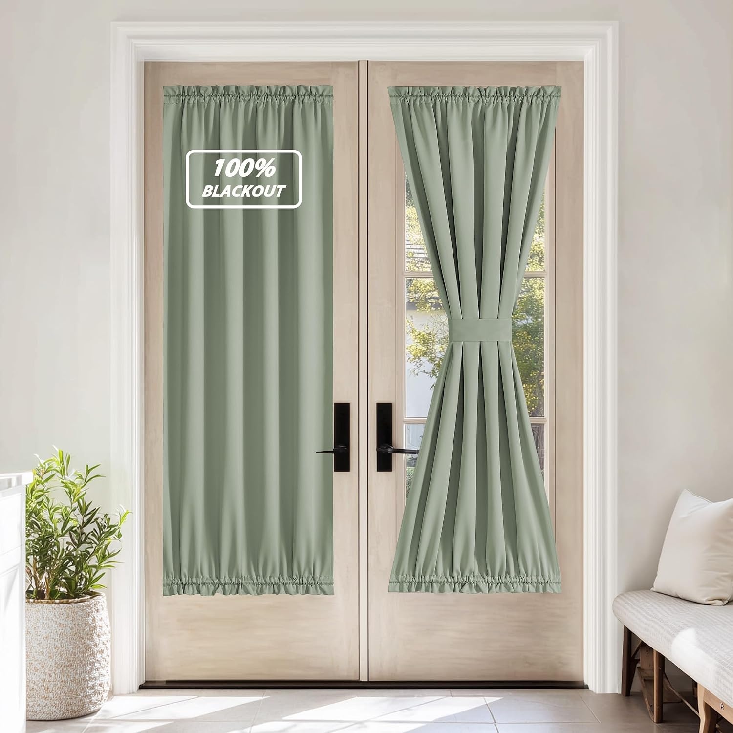 image:imageNICETOWN Stone Blue Blackout Door Curtains with Tieback for French Window100 Blackout Sage Green