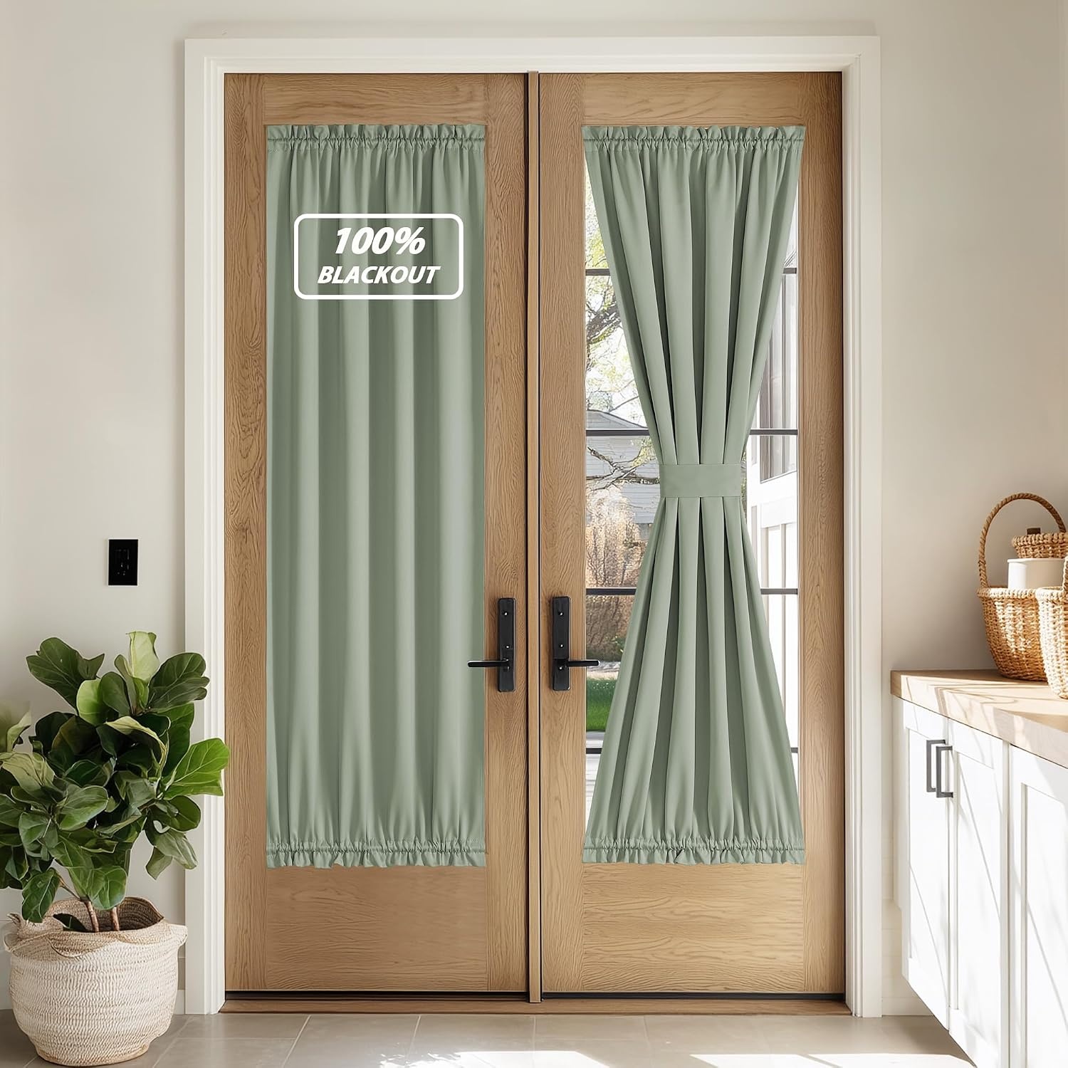 image:imageNICETOWN Stone Blue Blackout Door Curtains with Tieback for French Window100 Blackout Sage Green