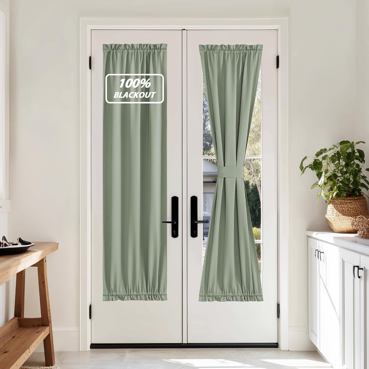 image:imageNICETOWN Stone Blue Blackout Door Curtains with Tieback for French Window100 Blackout Sage Green