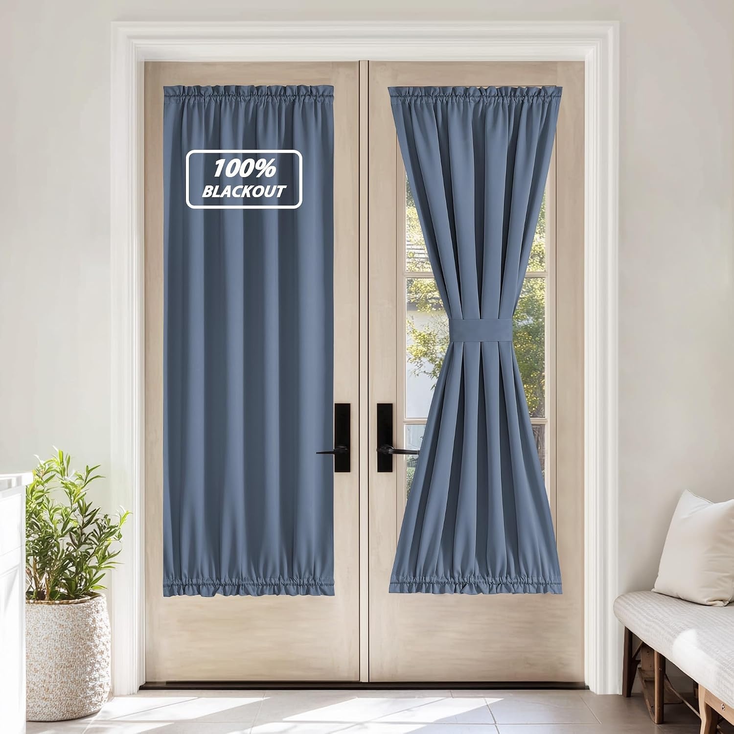 image:imageNICETOWN Stone Blue Blackout Door Curtains with Tieback for French Window100 Blackout Stone Blue
