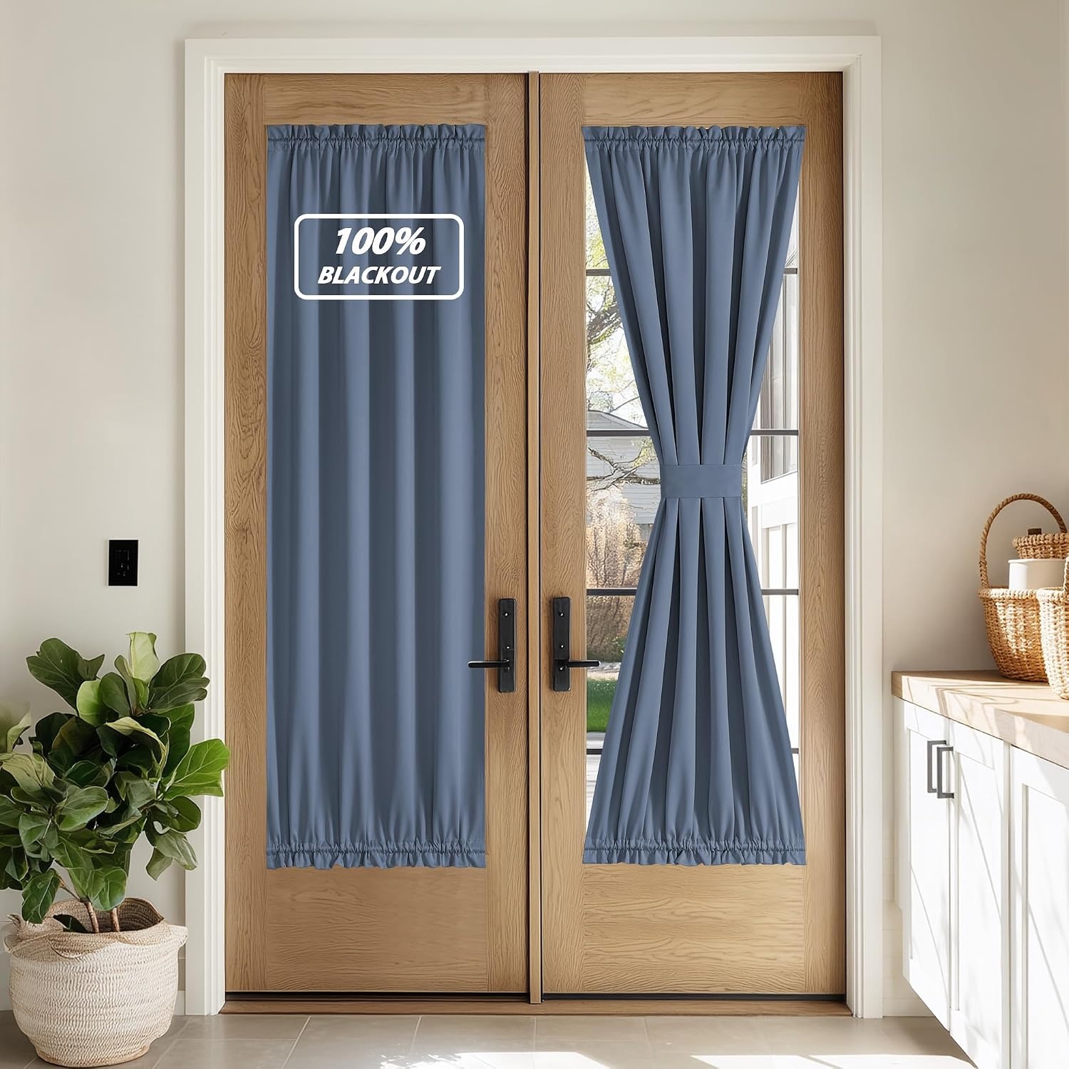 image:imageNICETOWN Stone Blue Blackout Door Curtains with Tieback for French Window100 Blackout Stone Blue