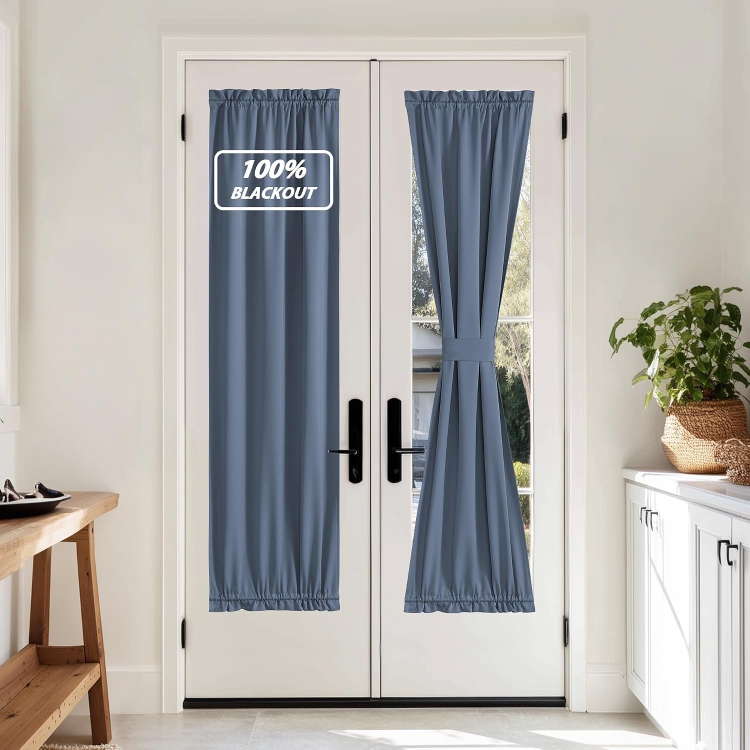 image:imageNICETOWN Stone Blue Blackout Door Curtains with Tieback for French Window100 Blackout Stone Blue