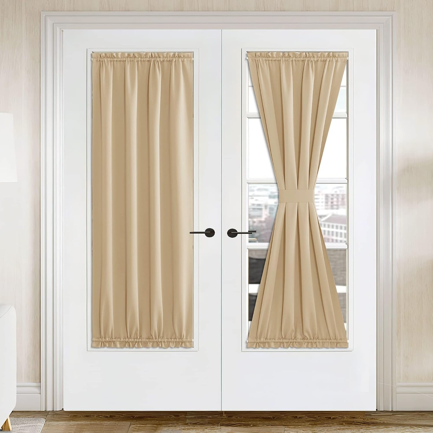 image:imageNICETOWN Stone Blue Blackout Door Curtains with Tieback for French WindowBiscotti Beige
