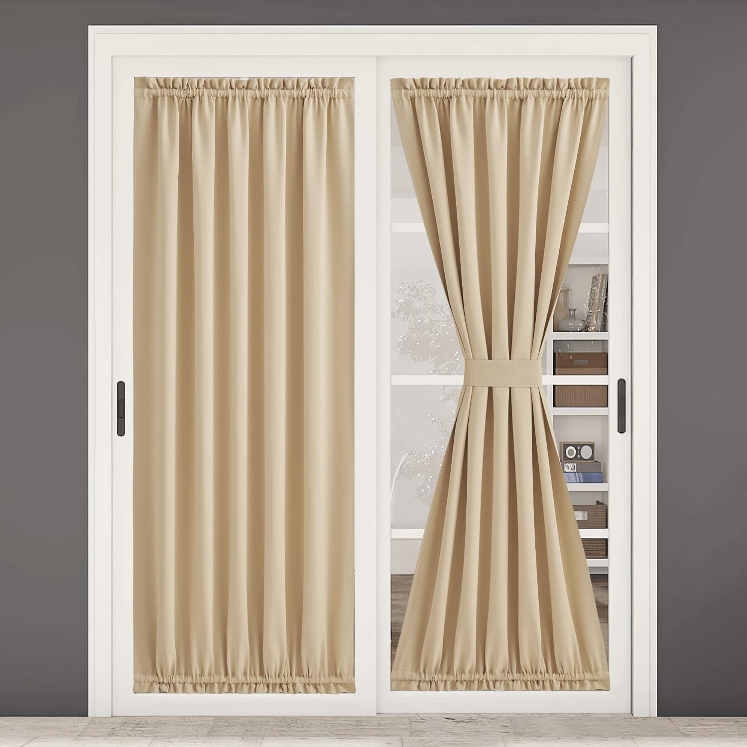 image:imageNICETOWN Stone Blue Blackout Door Curtains with Tieback for French WindowBiscotti Beige