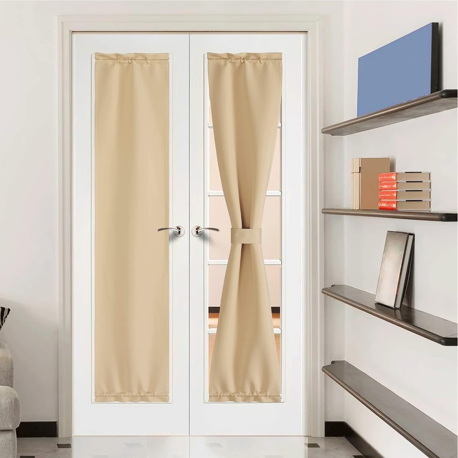 image:imageNICETOWN Stone Blue Blackout Door Curtains with Tieback for French WindowBiscotti Beige