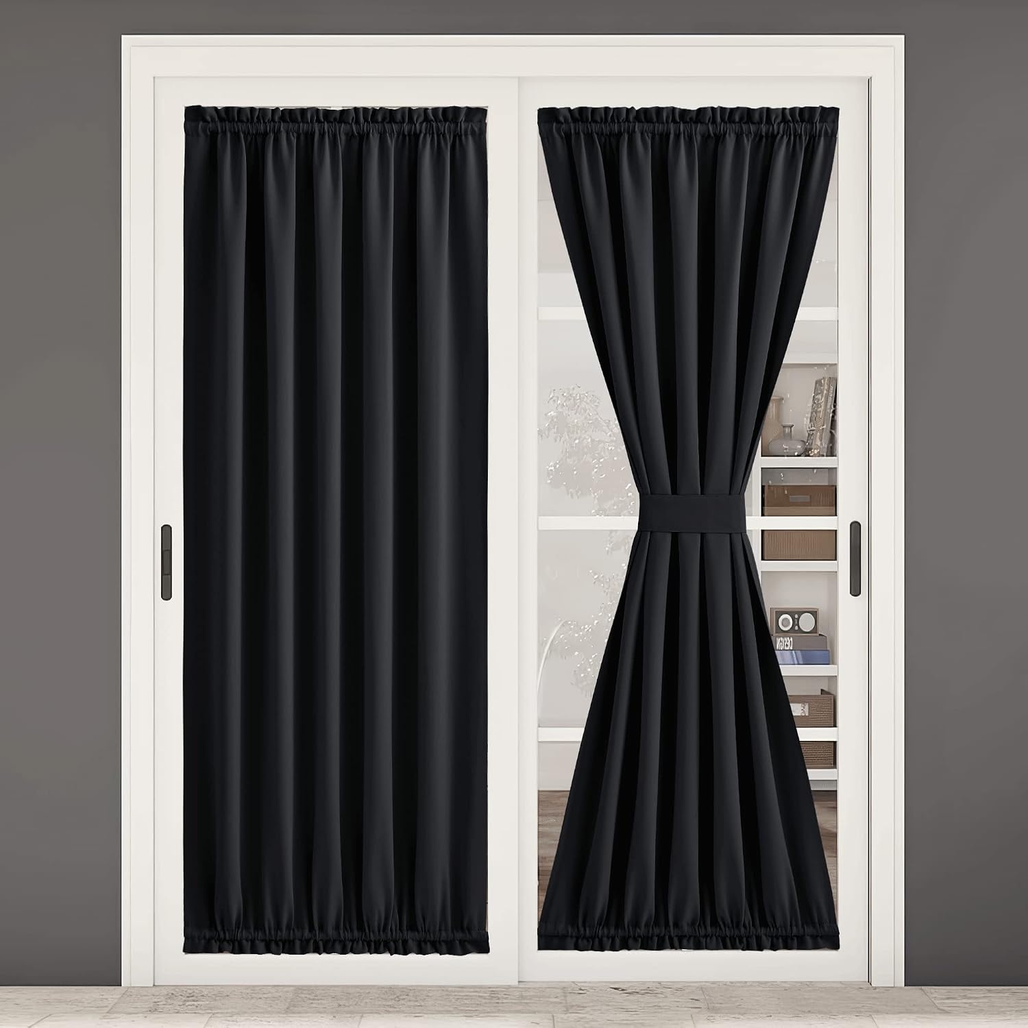 image:imageNICETOWN Stone Blue Blackout Door Curtains with Tieback for French WindowBlack