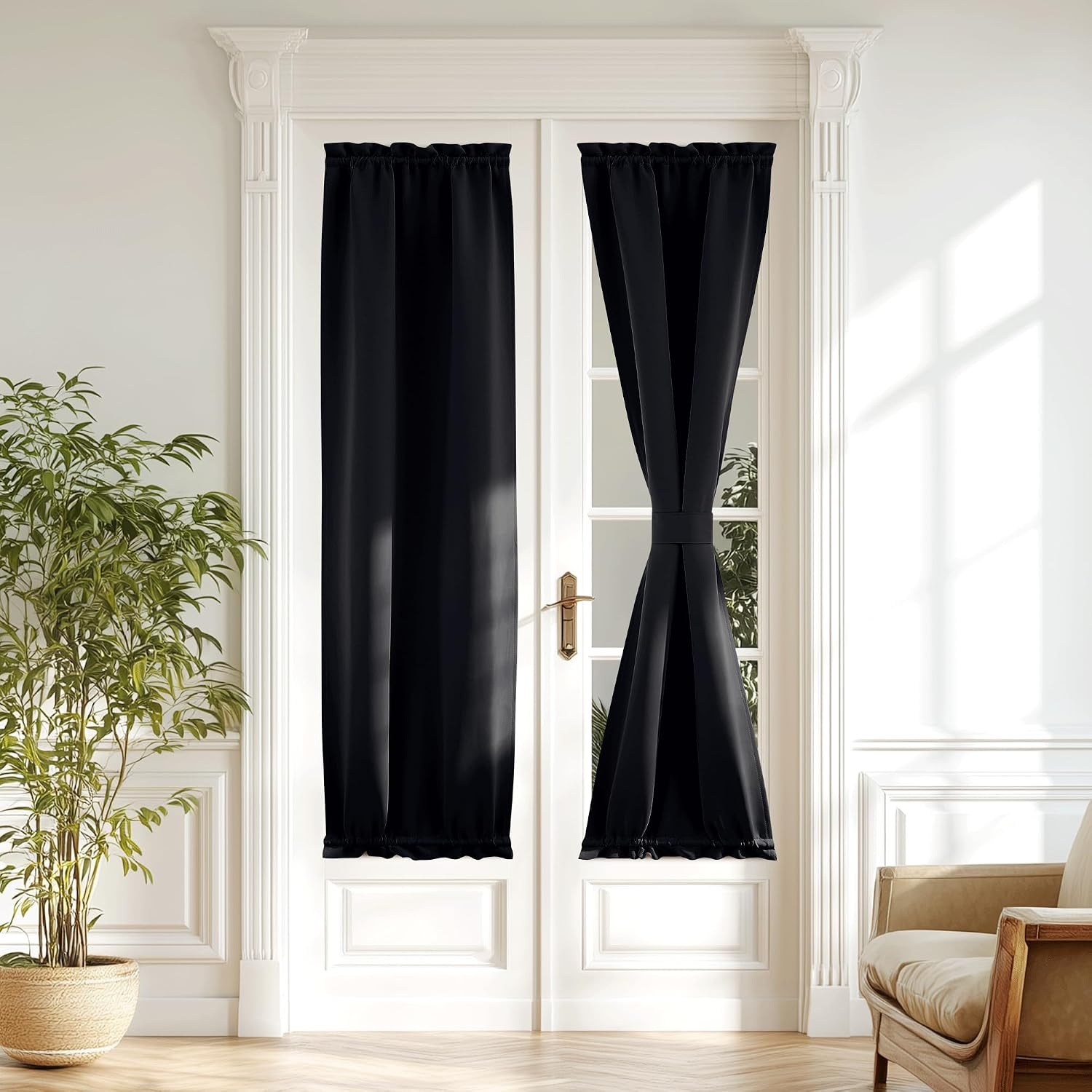 image:imageNICETOWN Stone Blue Blackout Door Curtains with Tieback for French WindowBlack