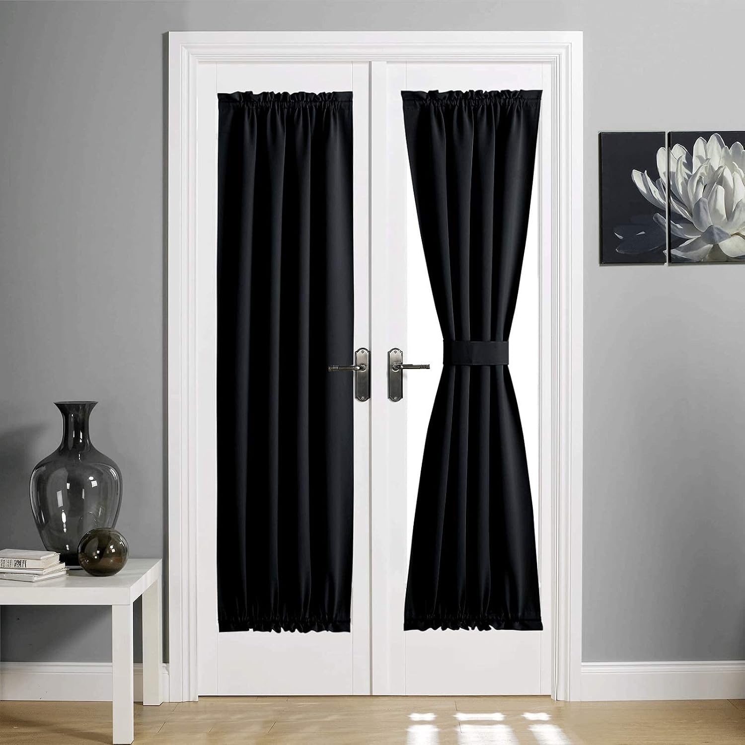 image:imageNICETOWN Stone Blue Blackout Door Curtains with Tieback for French WindowBlack