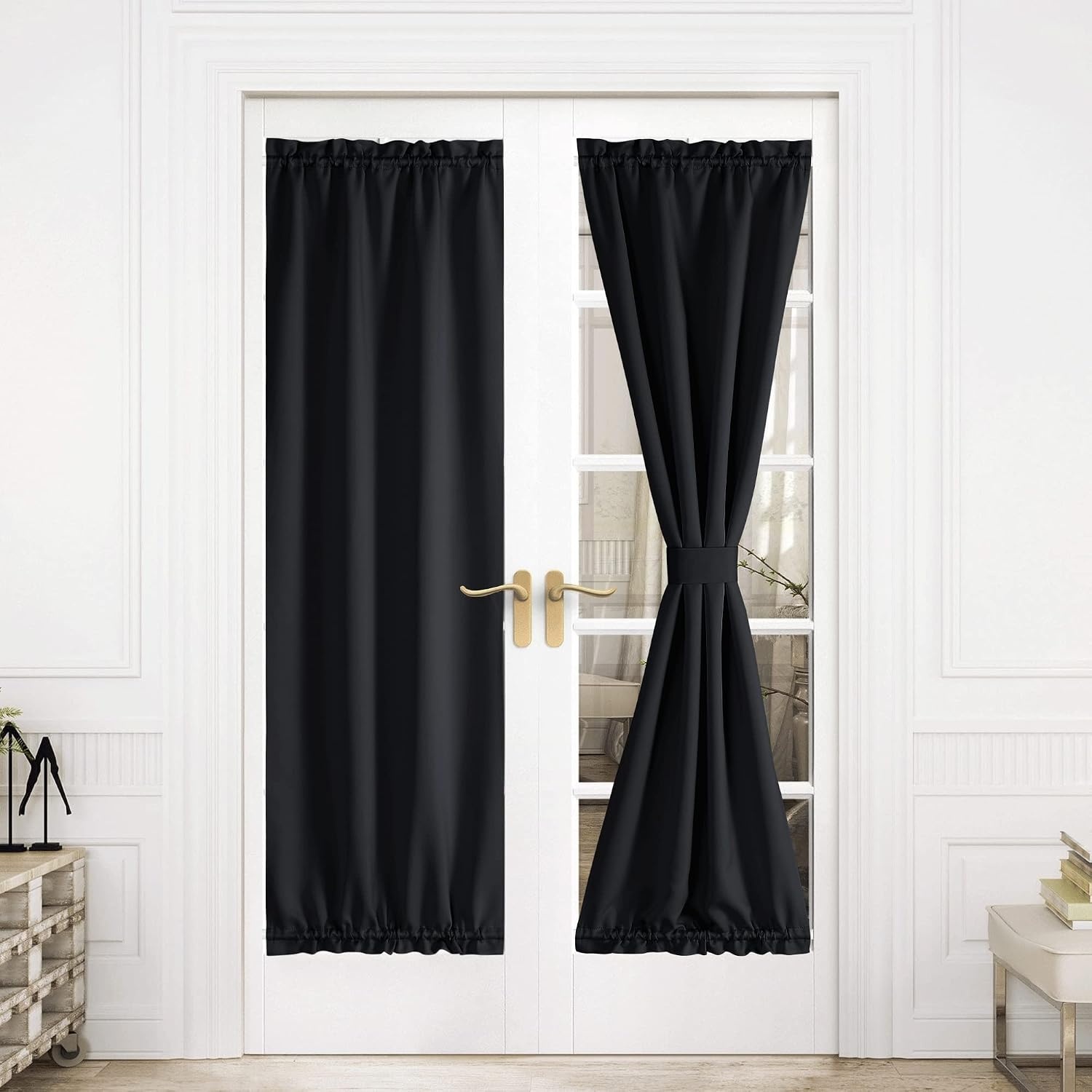 image:imageNICETOWN Stone Blue Blackout Door Curtains with Tieback for French WindowBlack