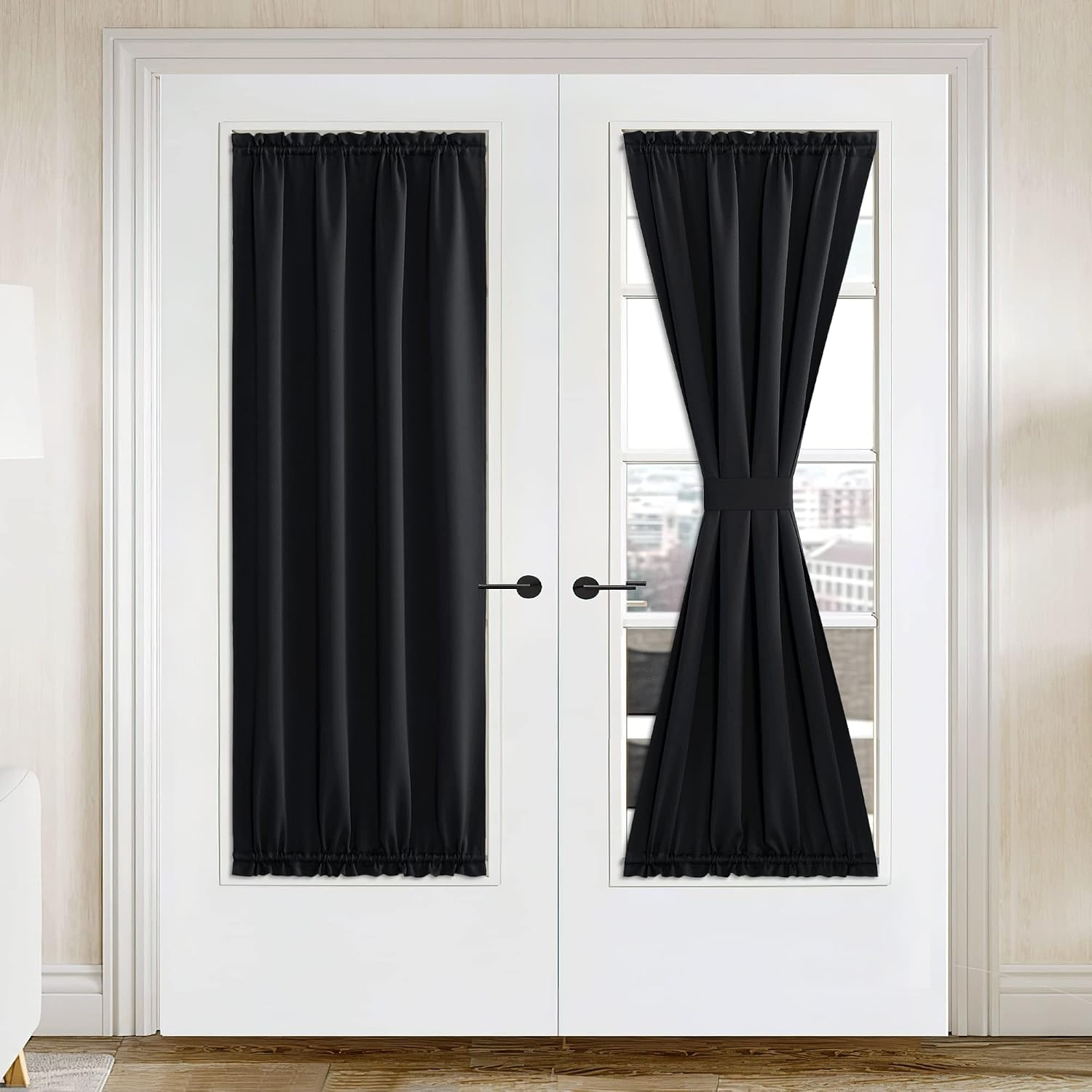 image:imageNICETOWN Stone Blue Blackout Door Curtains with Tieback for French WindowBlack