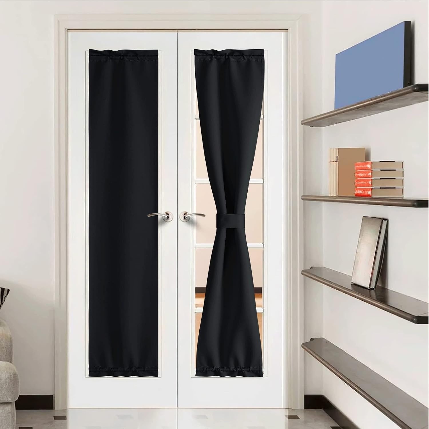 image:imageNICETOWN Stone Blue Blackout Door Curtains with Tieback for French WindowBlack