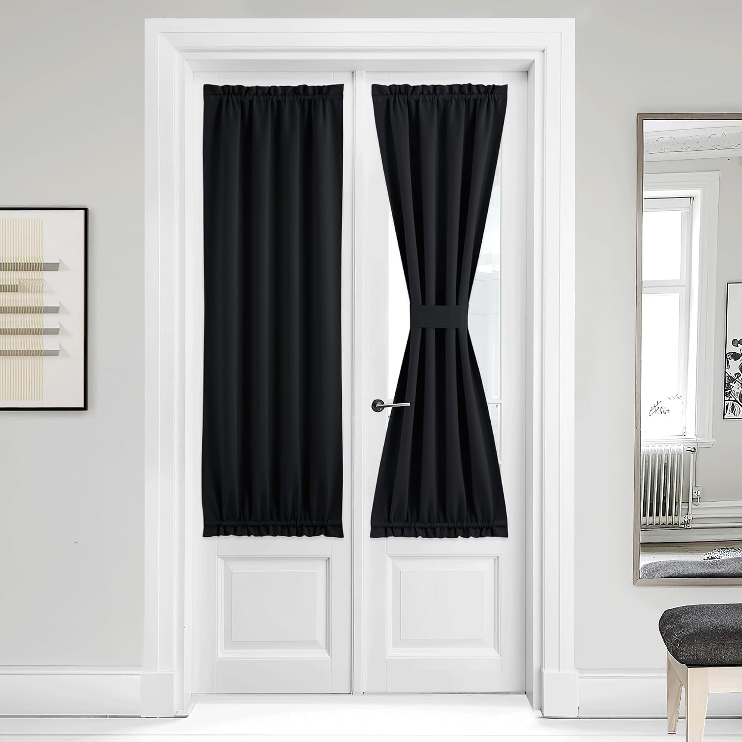 image:imageNICETOWN Stone Blue Blackout Door Curtains with Tieback for French WindowBlack