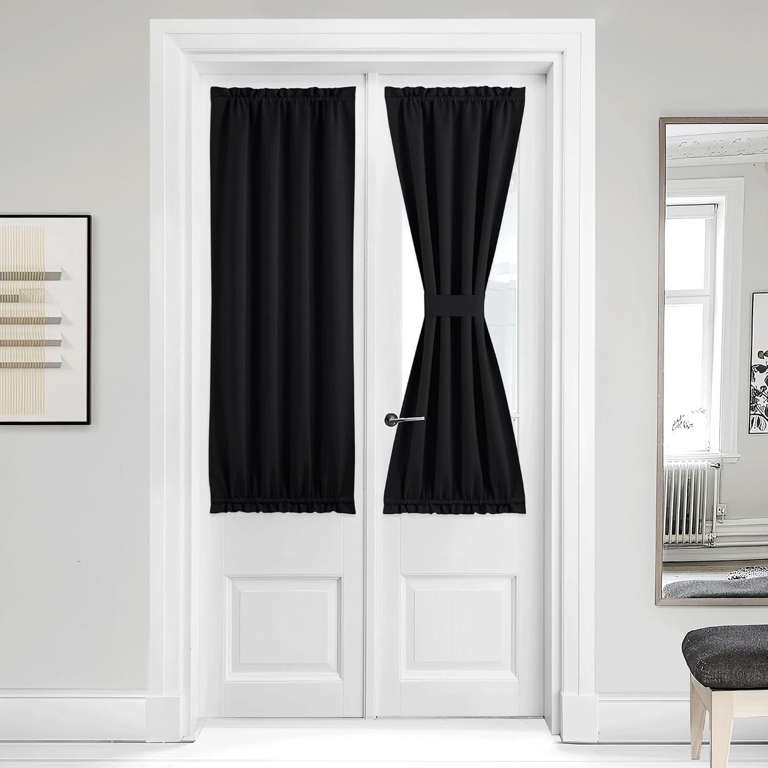image:imageNICETOWN Stone Blue Blackout Door Curtains with Tieback for French WindowBlack