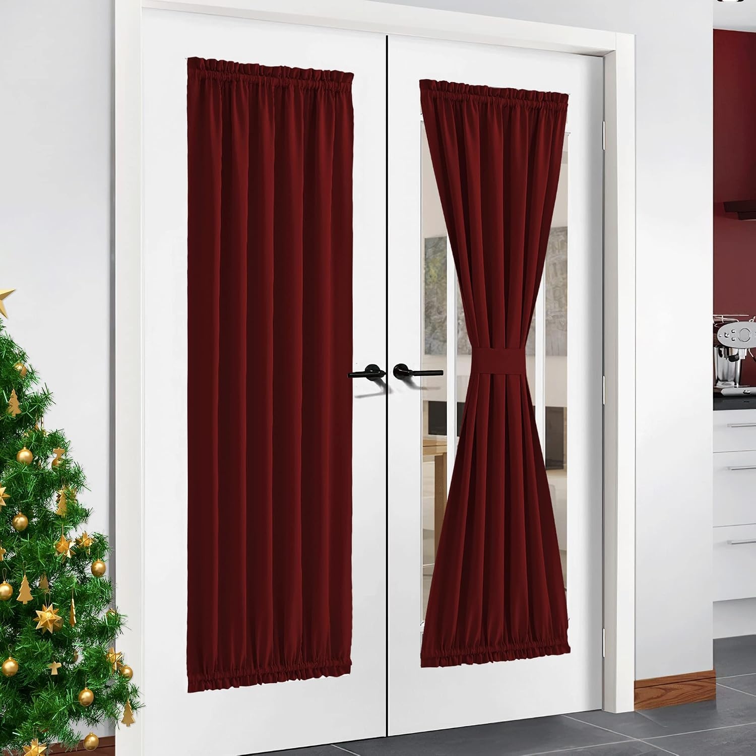 image:imageNICETOWN Stone Blue Blackout Door Curtains with Tieback for French WindowBurgundy