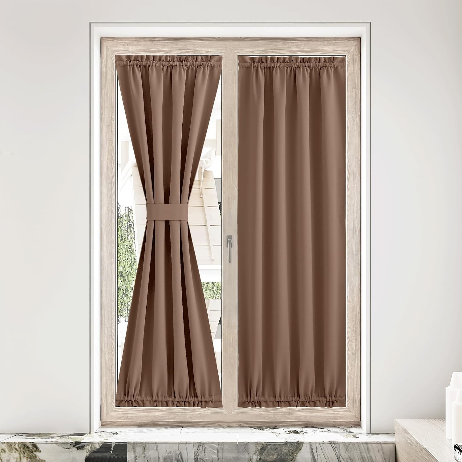 image:imageNICETOWN Stone Blue Blackout Door Curtains with Tieback for French WindowCappuccino