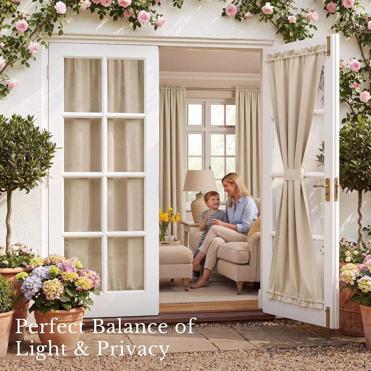 image:imageNICETOWN Stone Blue Blackout Door Curtains with Tieback for French WindowChampagne