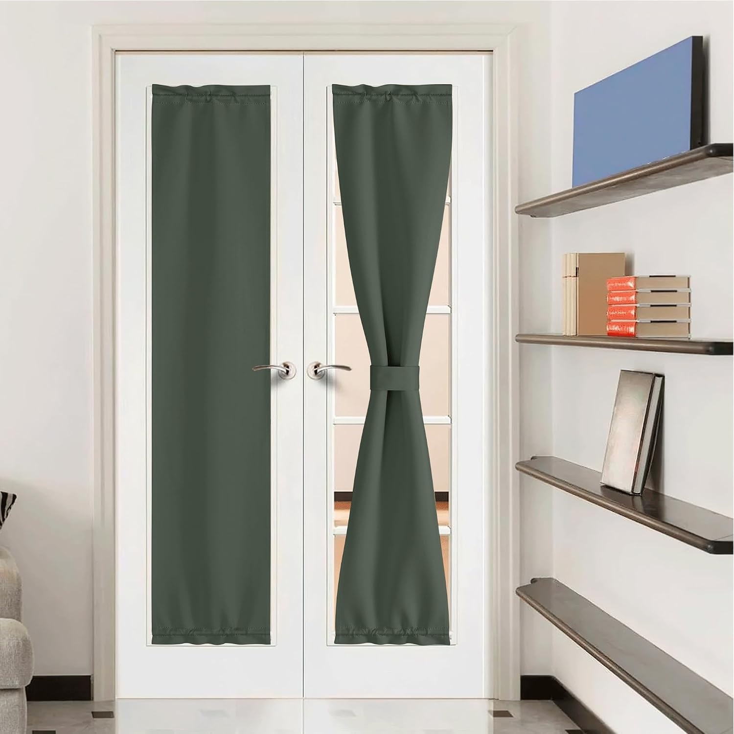 image:imageNICETOWN Stone Blue Blackout Door Curtains with Tieback for French WindowDark Mallard