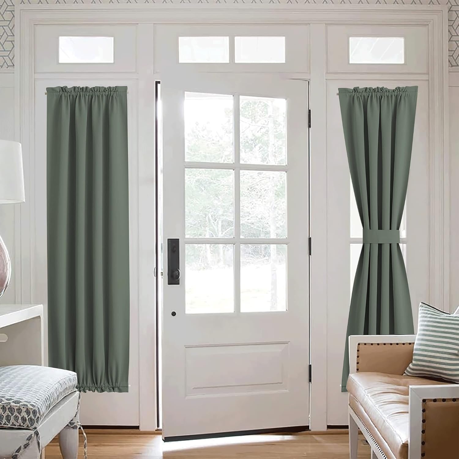 image:imageNICETOWN Stone Blue Blackout Door Curtains with Tieback for French WindowDark Mallard