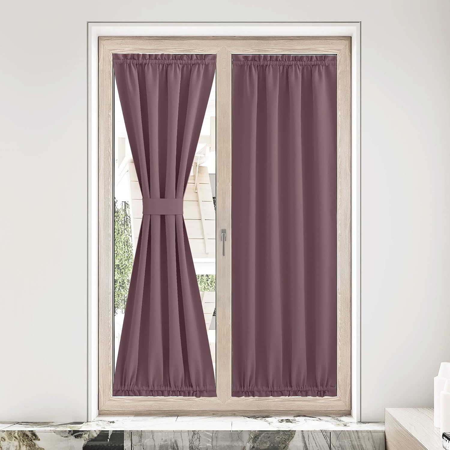 image:imageNICETOWN Stone Blue Blackout Door Curtains with Tieback for French WindowDry Rose