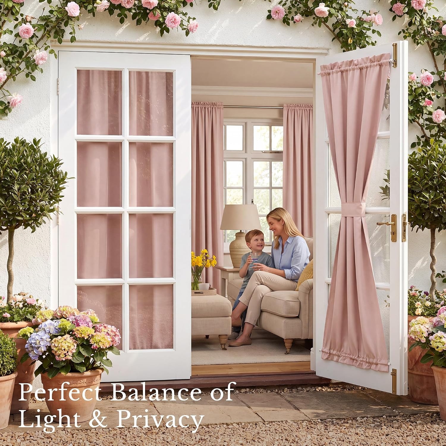 image:imageNICETOWN Stone Blue Blackout Door Curtains with Tieback for French WindowDusty Pink