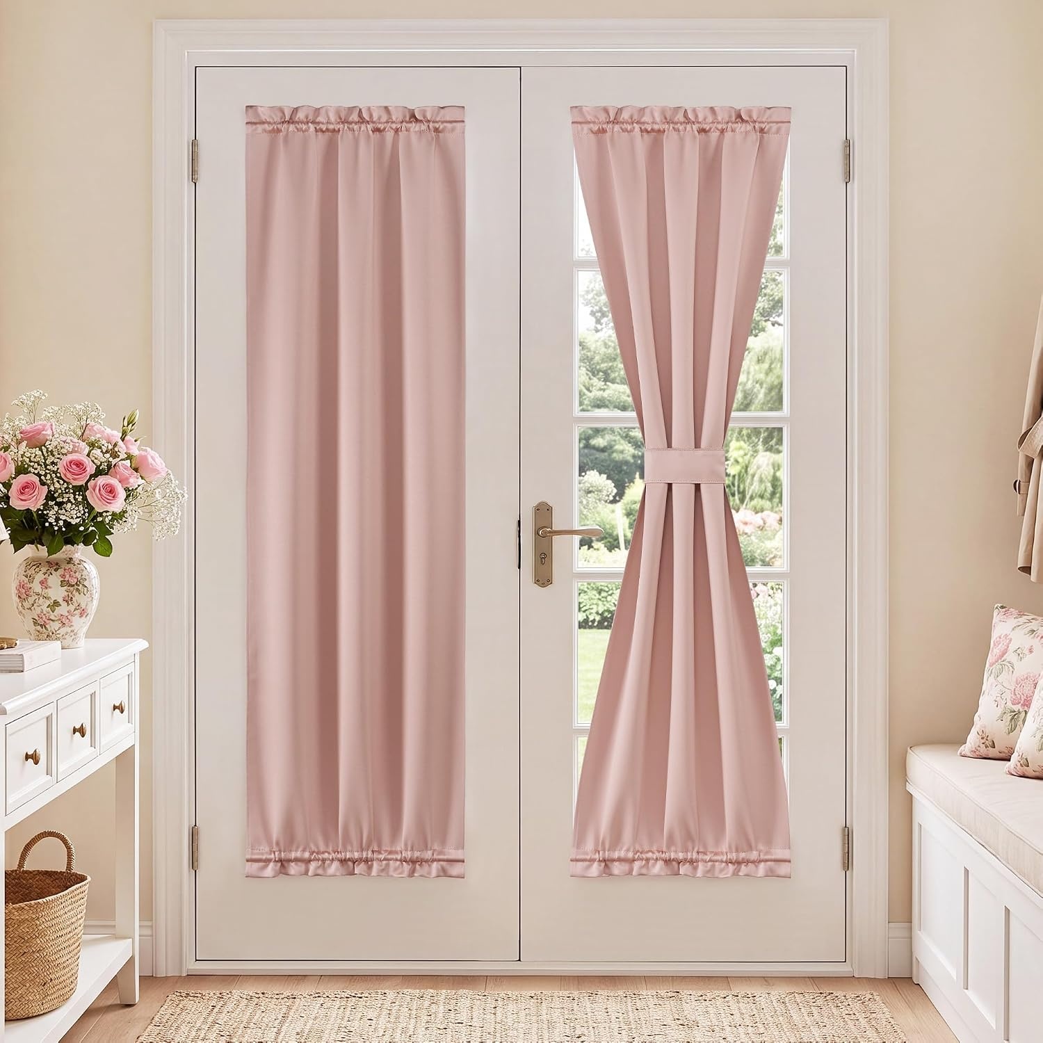image:imageNICETOWN Stone Blue Blackout Door Curtains with Tieback for French WindowDusty Pink