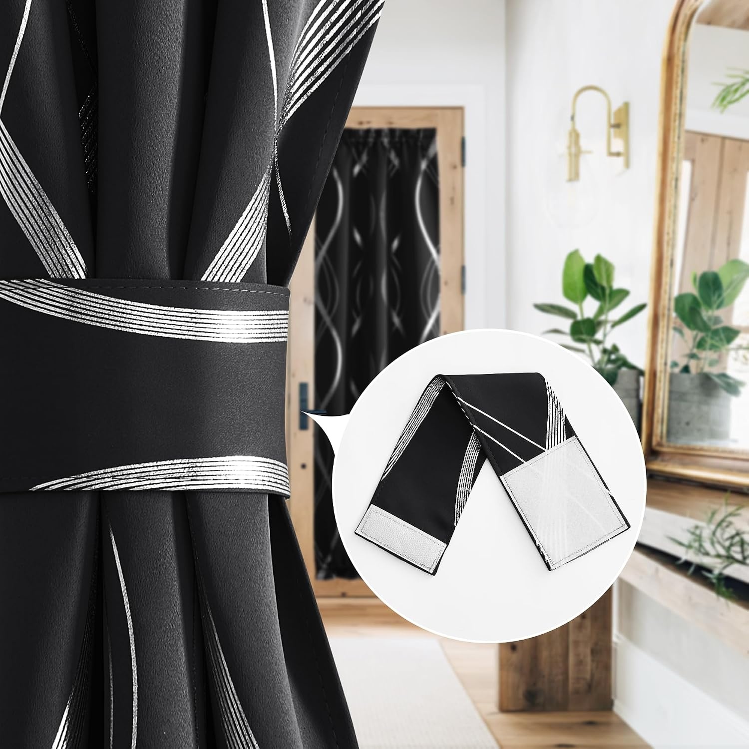 image:imageNICETOWN Stone Blue Blackout Door Curtains with Tieback for French WindowFoil Black