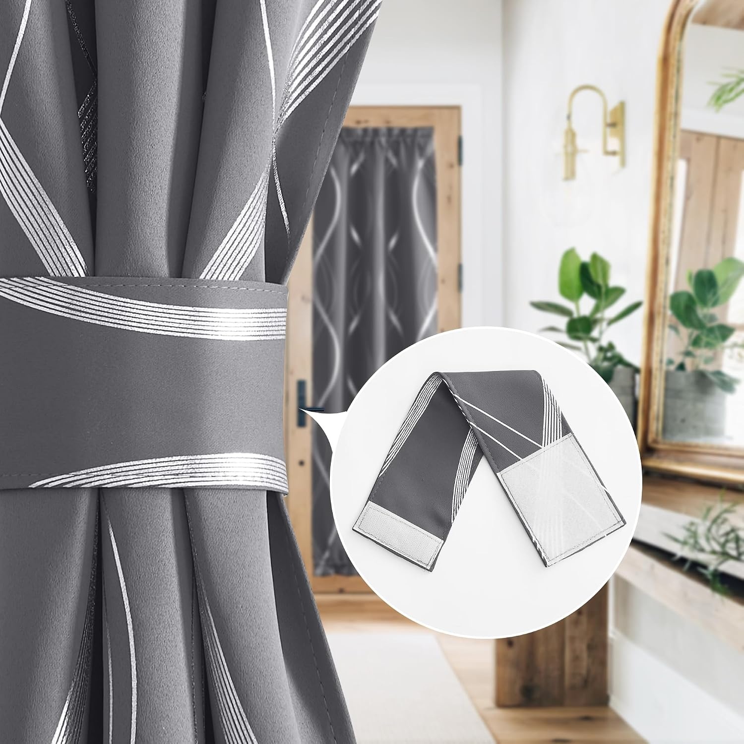 image:imageNICETOWN Stone Blue Blackout Door Curtains with Tieback for French WindowFoil Gray