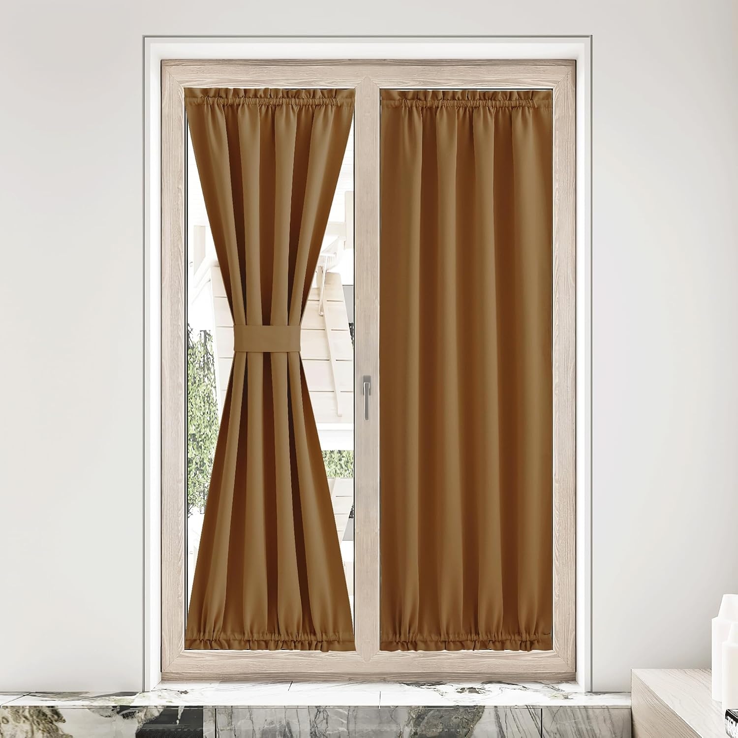 image:imageNICETOWN Stone Blue Blackout Door Curtains with Tieback for French WindowGold Brown