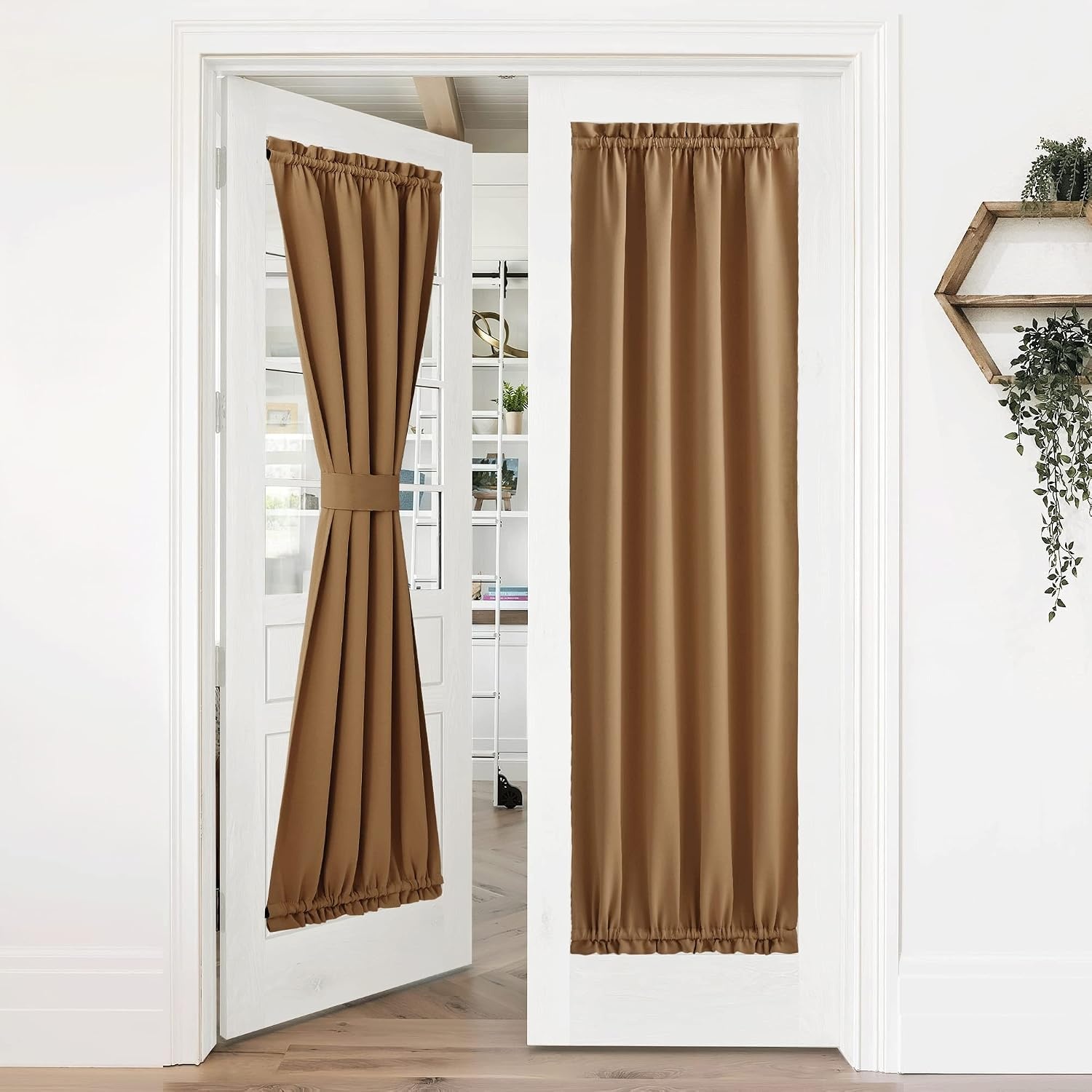 image:imageNICETOWN Stone Blue Blackout Door Curtains with Tieback for French WindowGold Brown