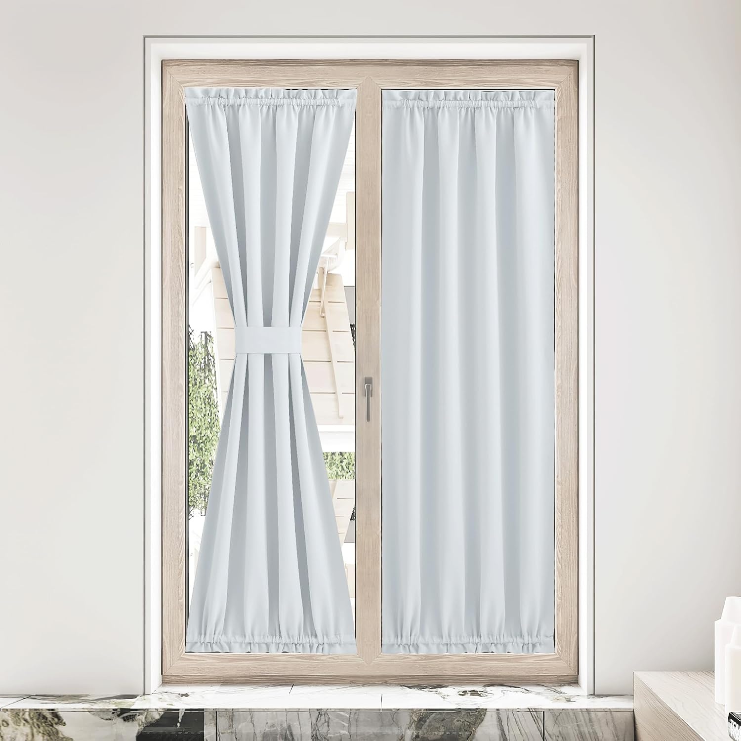image:imageNICETOWN Stone Blue Blackout Door Curtains with Tieback for French WindowGreyish White