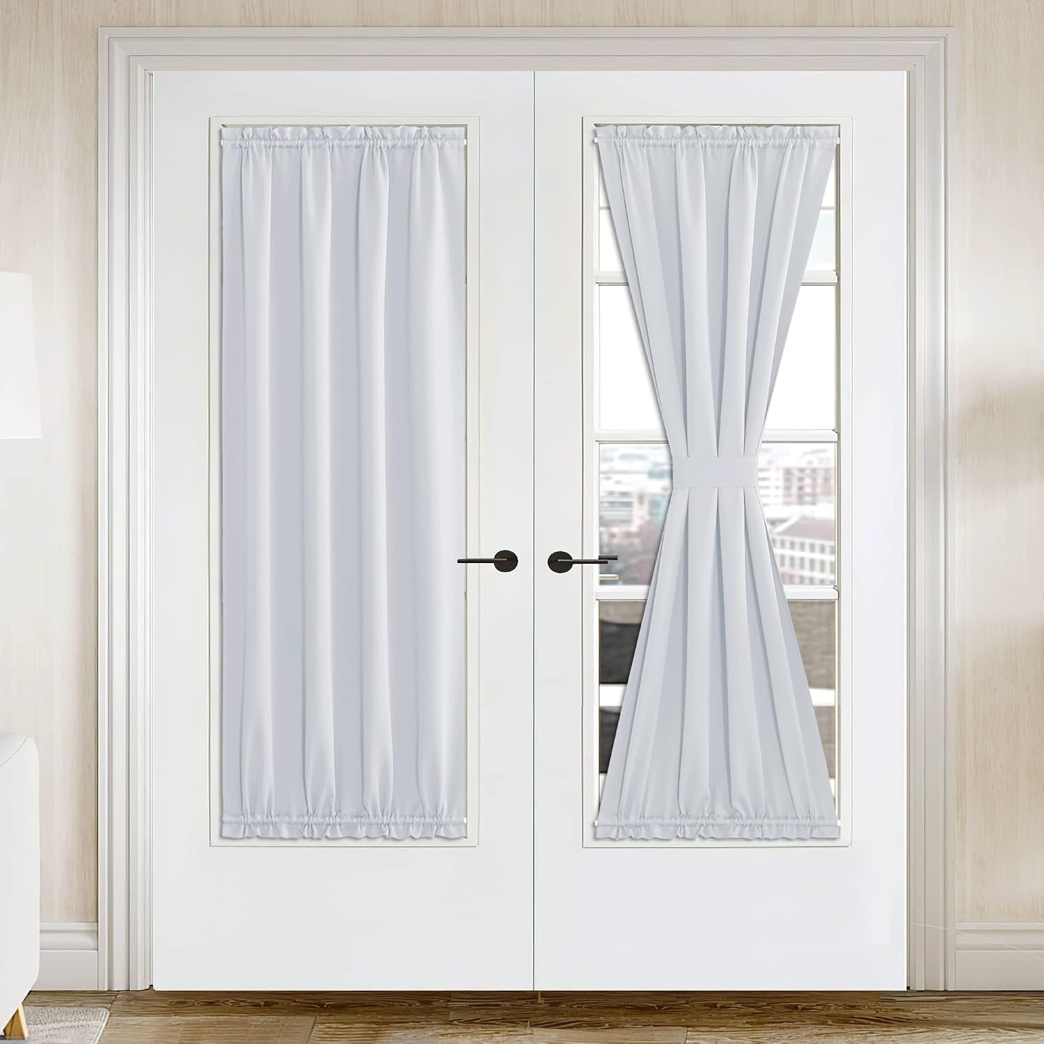 image:imageNICETOWN Stone Blue Blackout Door Curtains with Tieback for French WindowGreyish White