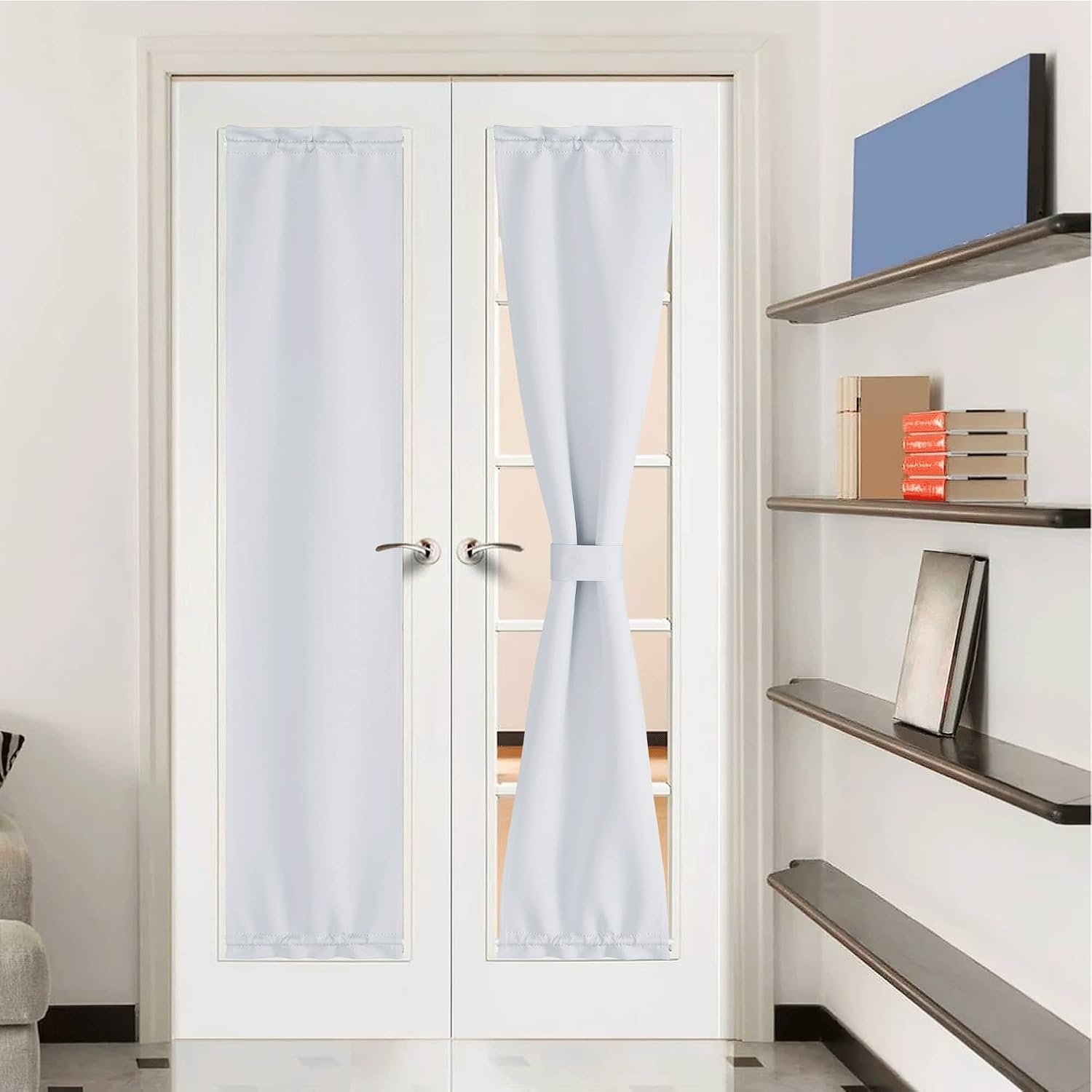 image:imageNICETOWN Stone Blue Blackout Door Curtains with Tieback for French WindowGreyish White