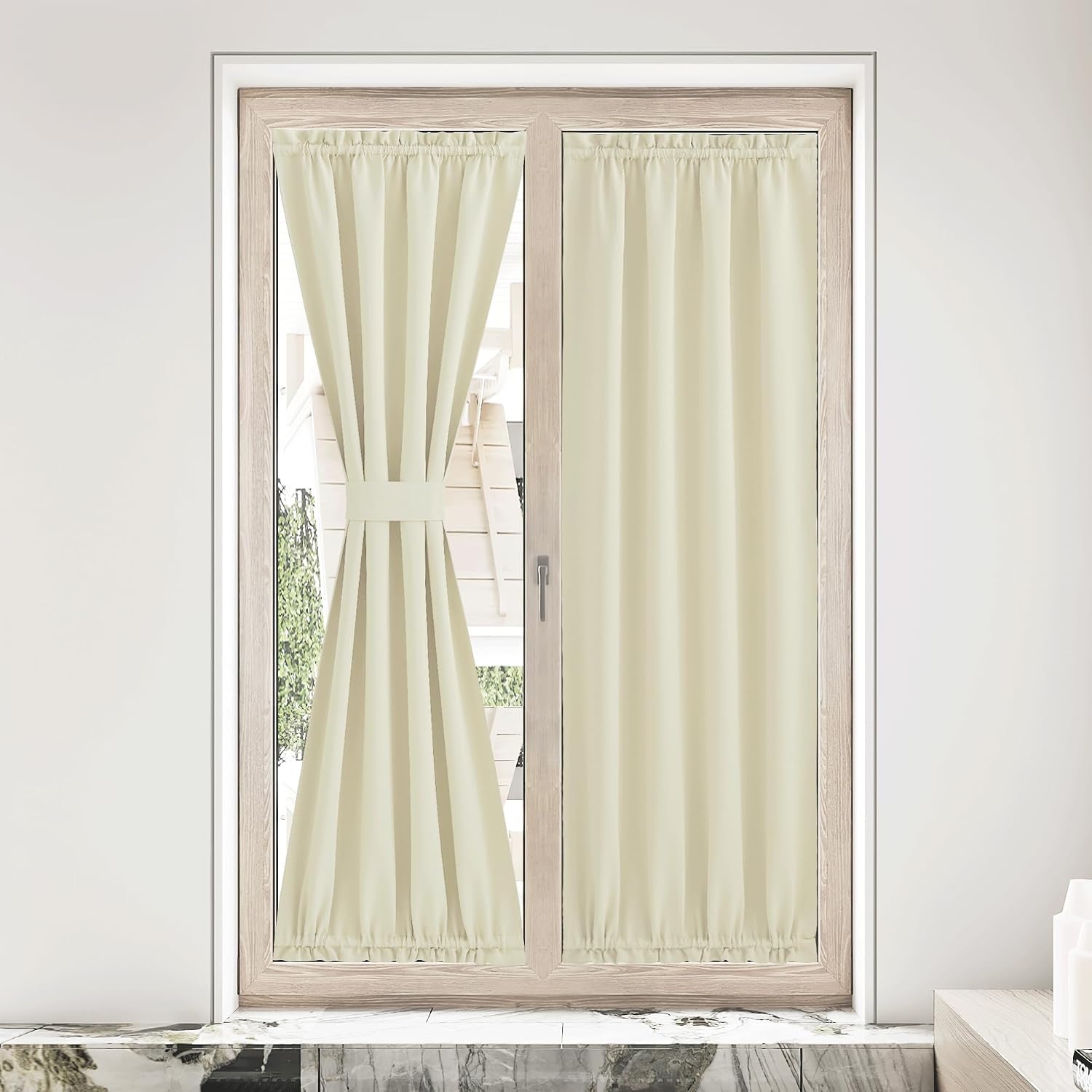 image:imageNICETOWN Stone Blue Blackout Door Curtains with Tieback for French WindowLight Beige