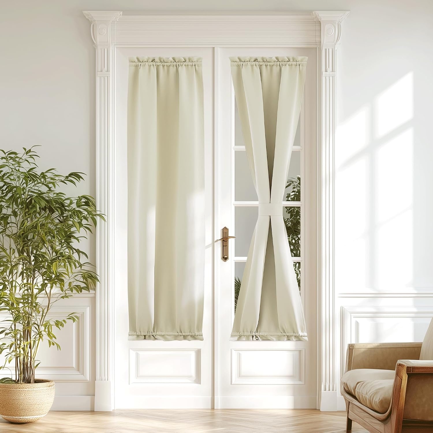 image:imageNICETOWN Stone Blue Blackout Door Curtains with Tieback for French WindowLight Beige