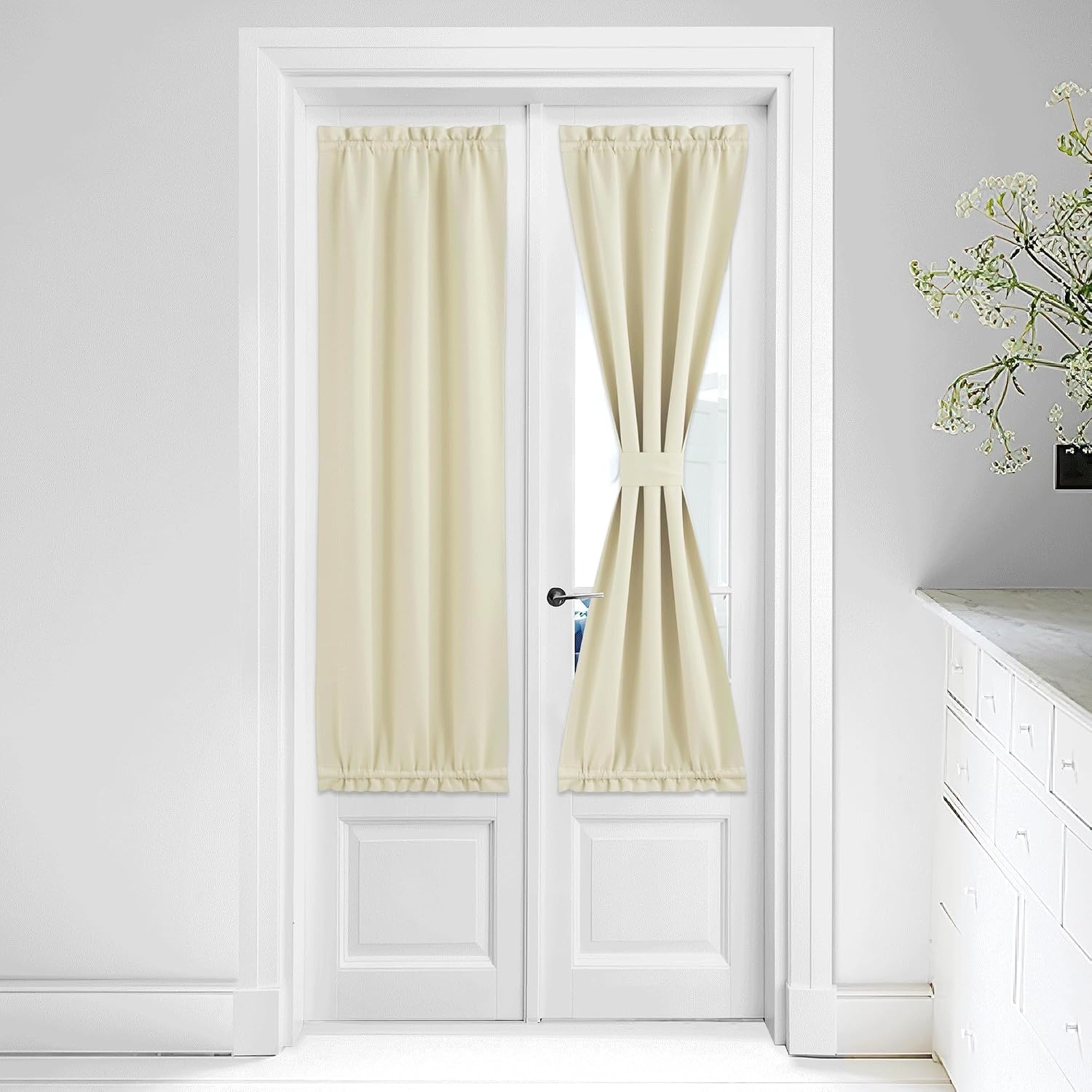 image:imageNICETOWN Stone Blue Blackout Door Curtains with Tieback for French WindowLight Beige