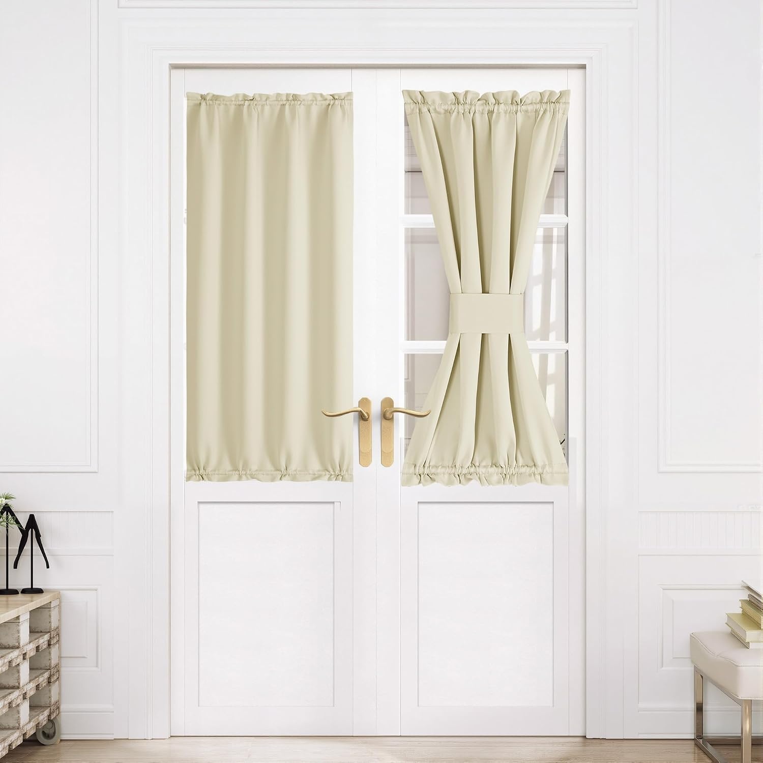 image:imageNICETOWN Stone Blue Blackout Door Curtains with Tieback for French WindowLight Beige