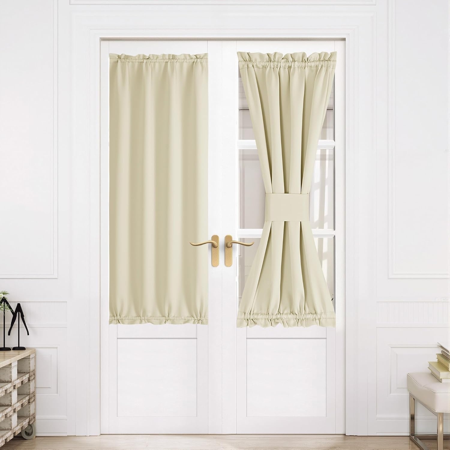 image:imageNICETOWN Stone Blue Blackout Door Curtains with Tieback for French WindowLight Beige