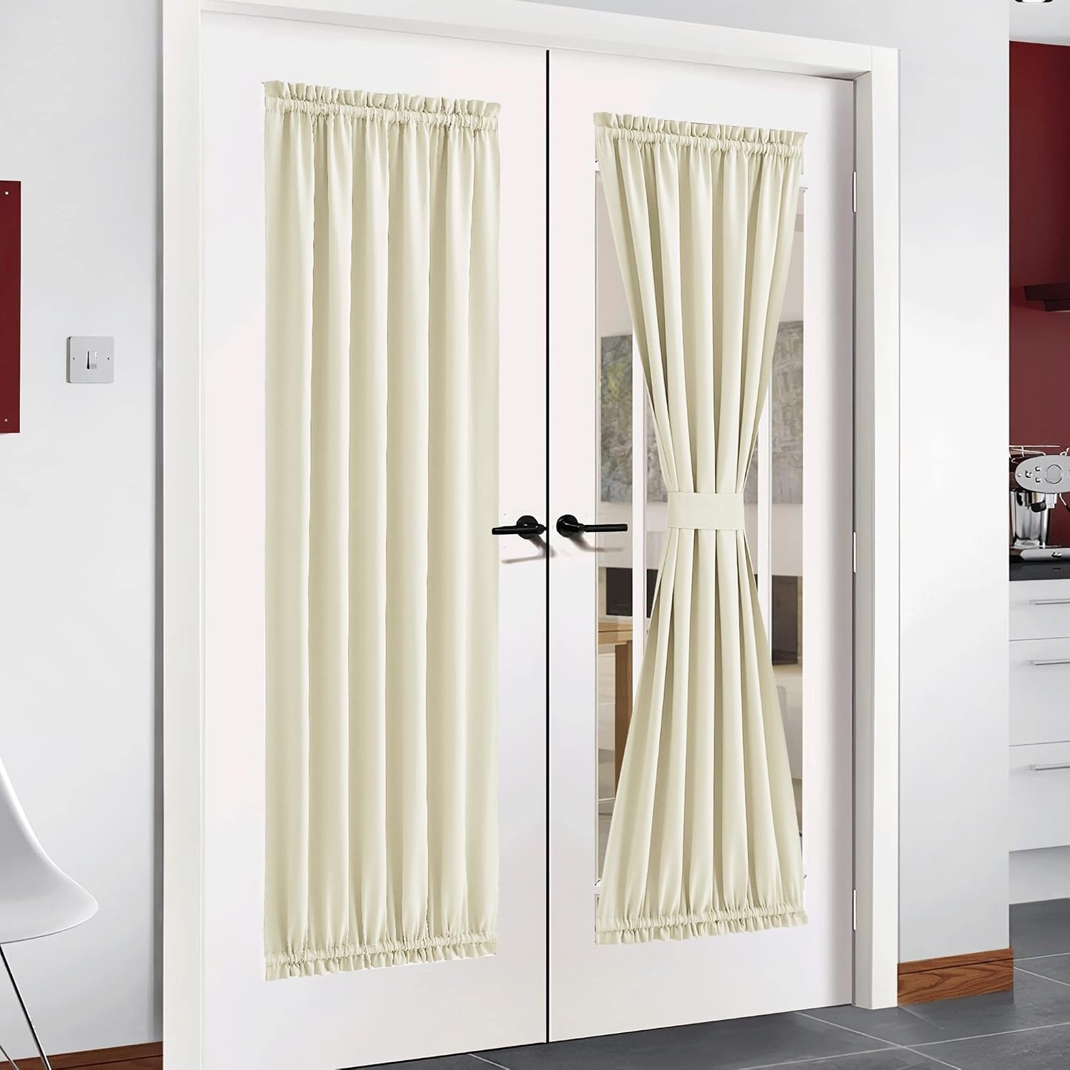 image:imageNICETOWN Stone Blue Blackout Door Curtains with Tieback for French WindowLight Beige