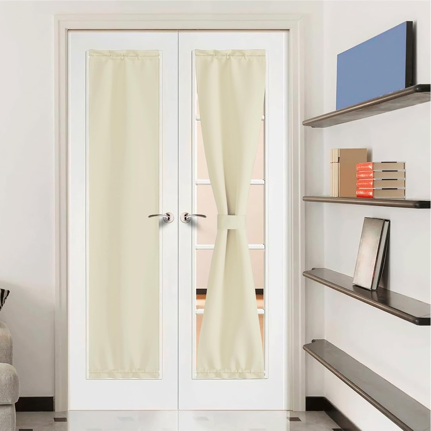 image:imageNICETOWN Stone Blue Blackout Door Curtains with Tieback for French WindowLight Beige
