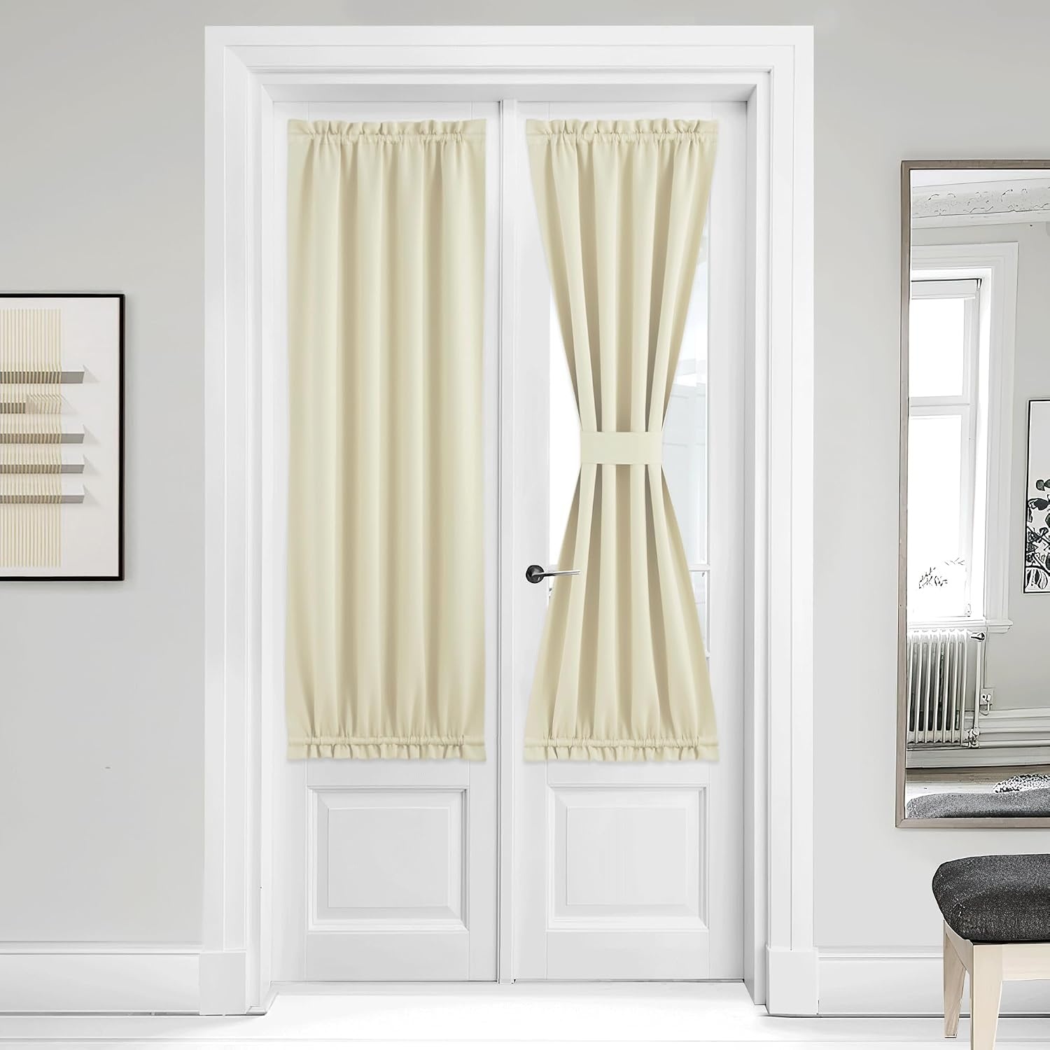 image:imageNICETOWN Stone Blue Blackout Door Curtains with Tieback for French WindowLight Beige
