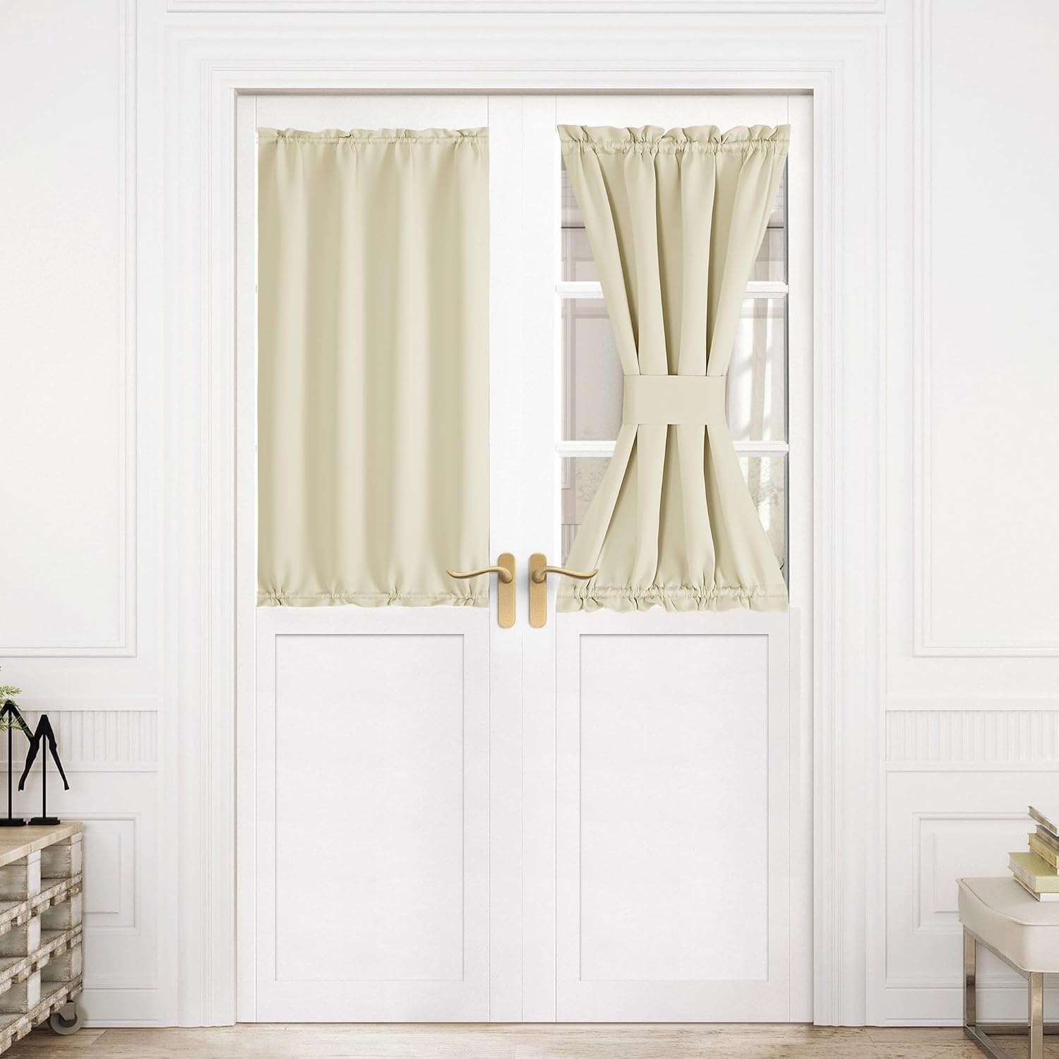 image:imageNICETOWN Stone Blue Blackout Door Curtains with Tieback for French WindowLight Beige