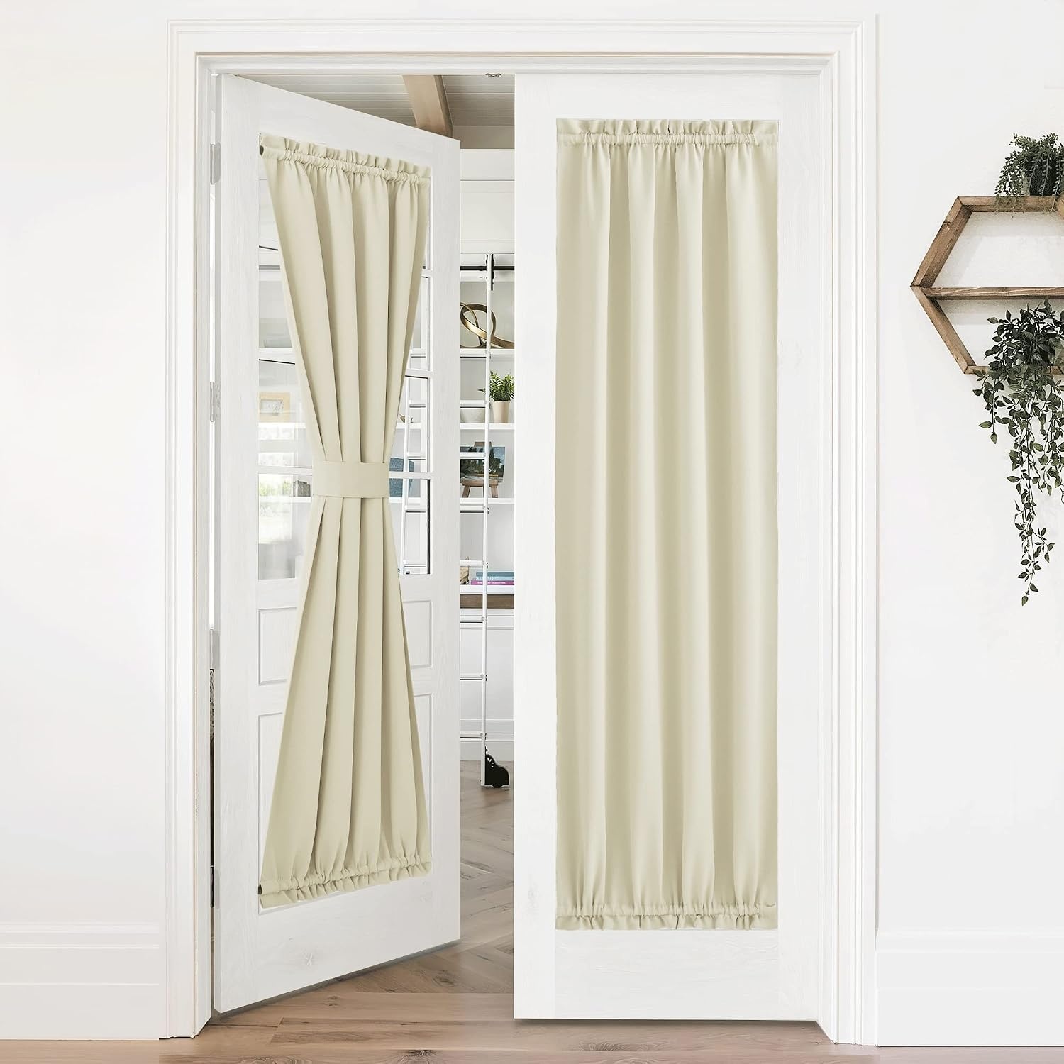 image:imageNICETOWN Stone Blue Blackout Door Curtains with Tieback for French WindowLight Beige