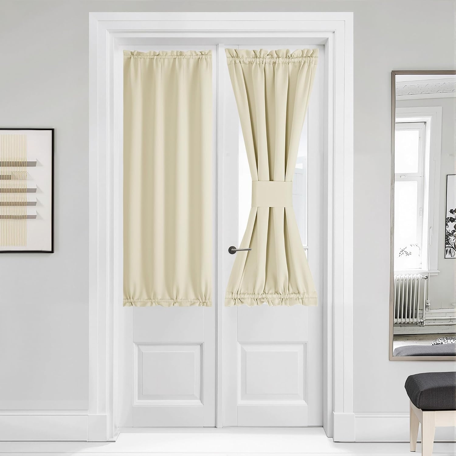 image:imageNICETOWN Stone Blue Blackout Door Curtains with Tieback for French WindowLight Beige