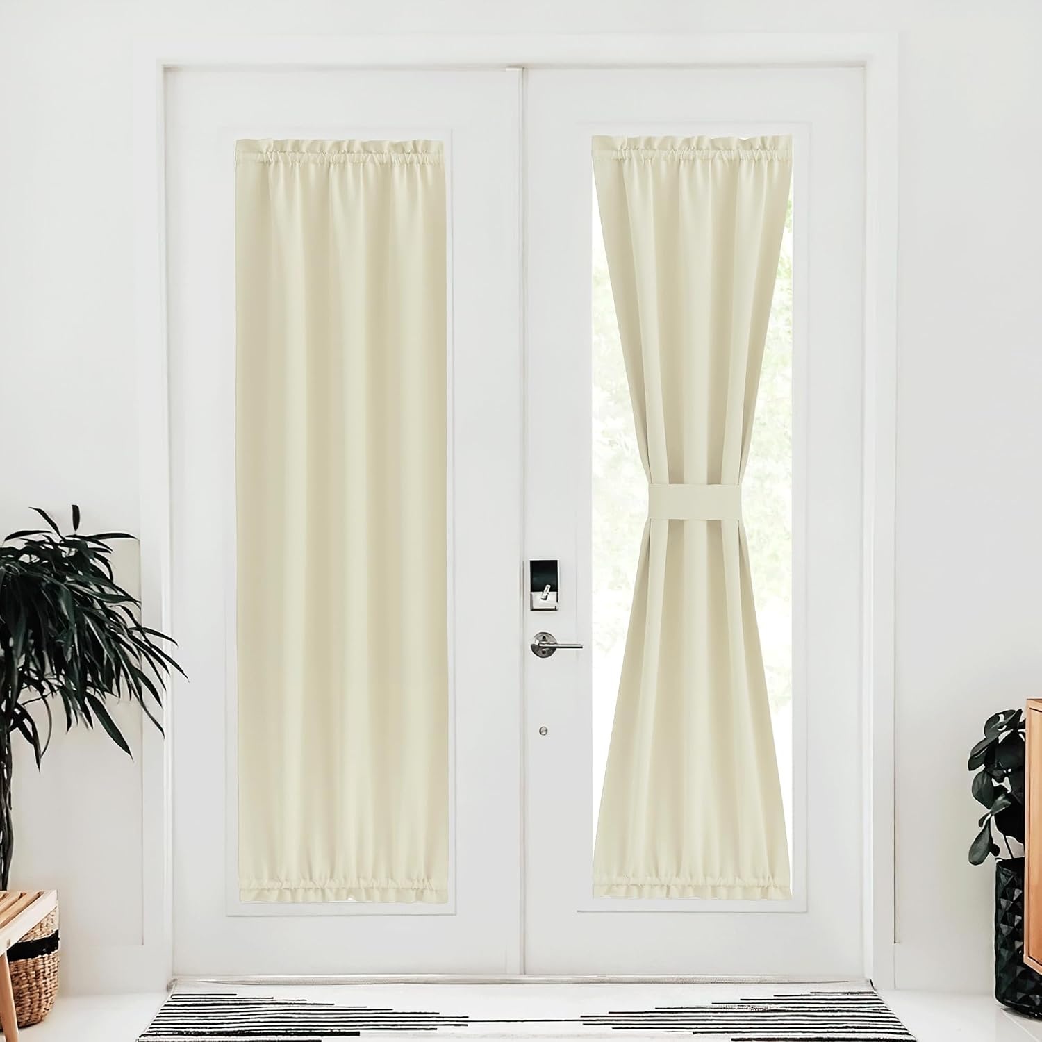 image:imageNICETOWN Stone Blue Blackout Door Curtains with Tieback for French WindowLight Beige