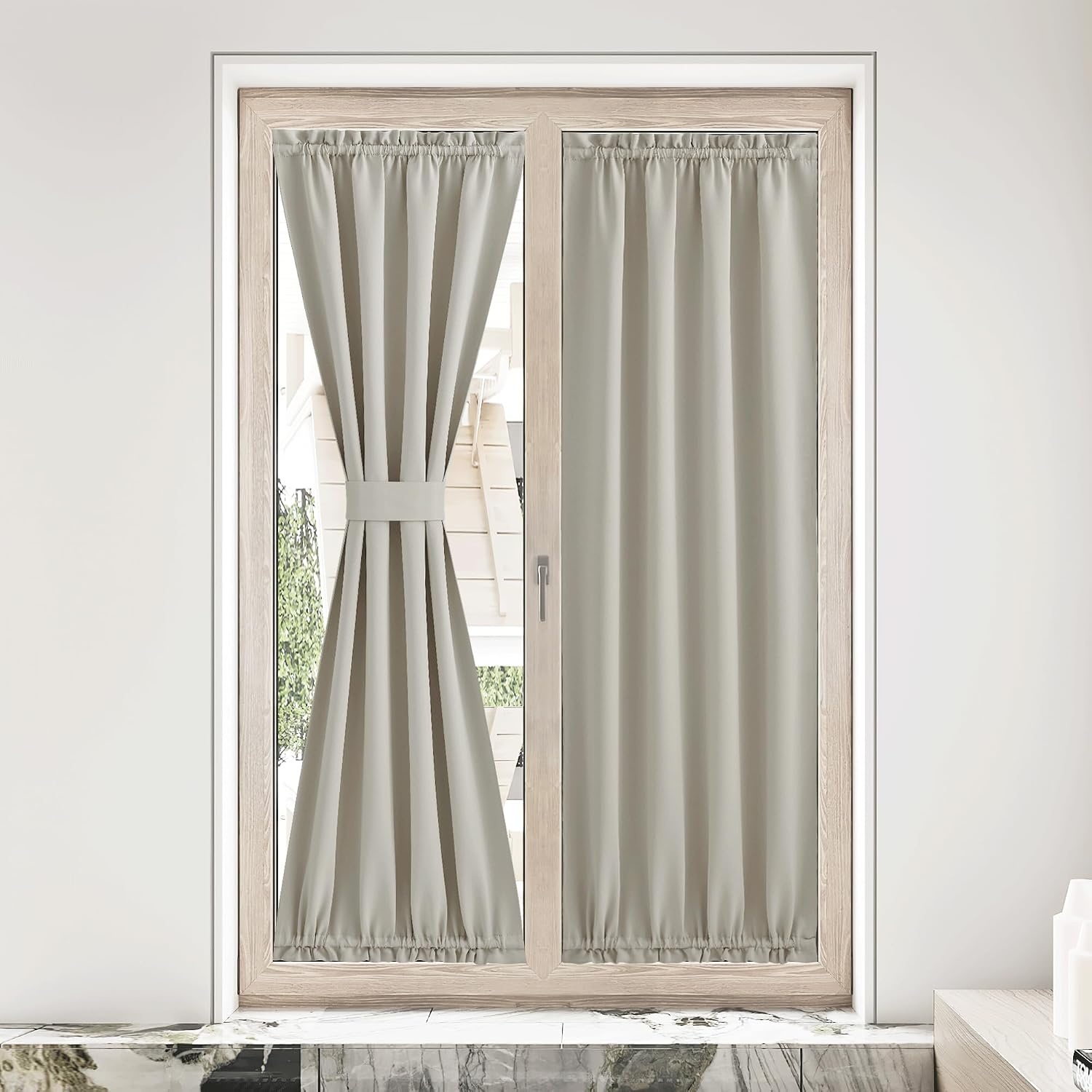 image:imageNICETOWN Stone Blue Blackout Door Curtains with Tieback for French WindowNatural